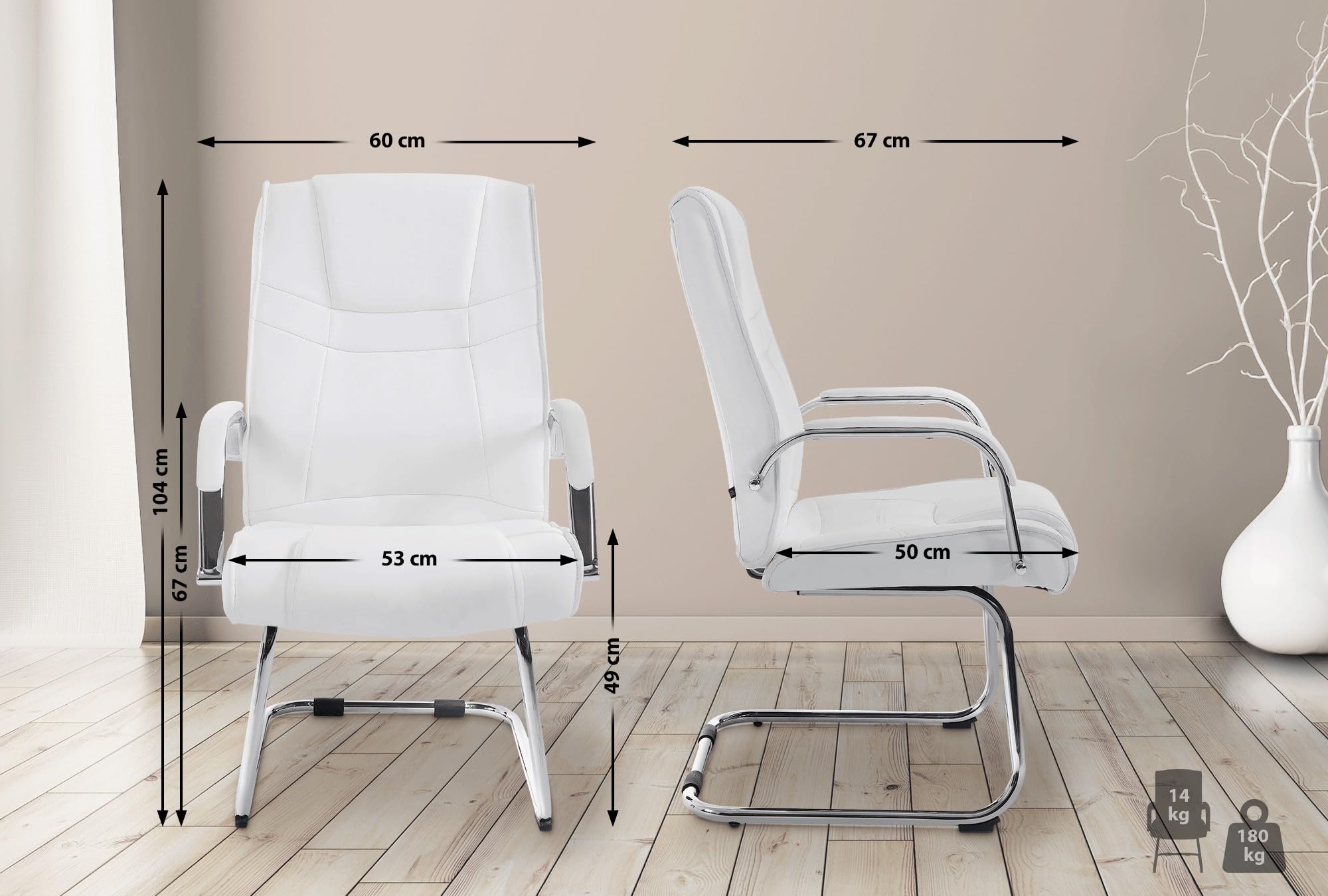 CLP Lot De 2 Chaises Cantilever Attila en Similicuir avec Accoudoirs I Fauteuil Oscillant avec Piètement Luge Métal Chromé I Charge 180 Kg, Couleur:Blanc