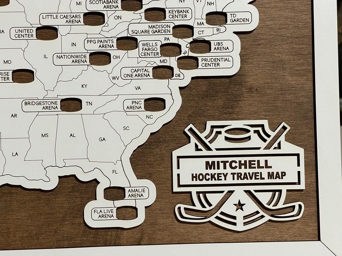Hockey Arena Bucket List Map - Personalized 3D Wooden Tracking Sign for All 32 Pro Teams - Custom Engraved Travel Tracker & Man Cave Decor - Ultimate Hockey Gift for Dad & Fans (Updated 2025 Layout with Utah Team)