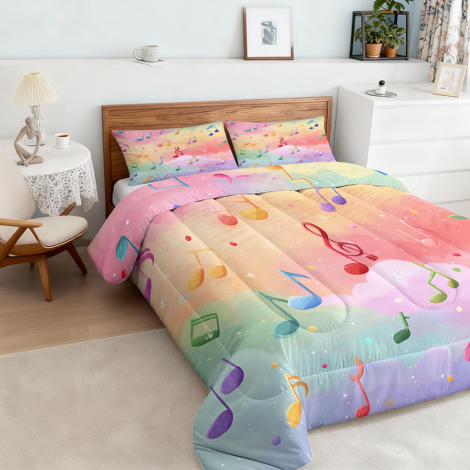 Musik Bettdecke 135x200 4 Jahreszeiten, Bunte Musiknoten Bettdecke Ohne Bezug Warm Steppdecke Ganzjahresdecke Mit Kissenbezug, Schlafzimmer Deko Musik
