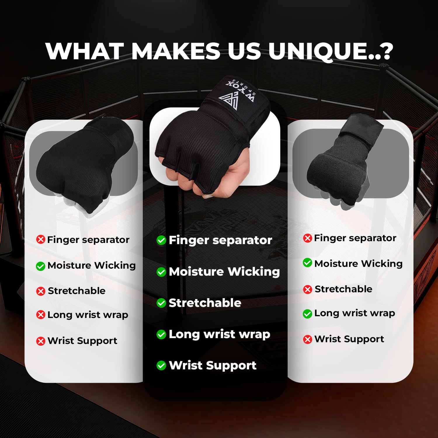 Wyox boxe guanti interni con imbottitura in gel mano Wraps Fist bende MMA Thai Muay training, Black