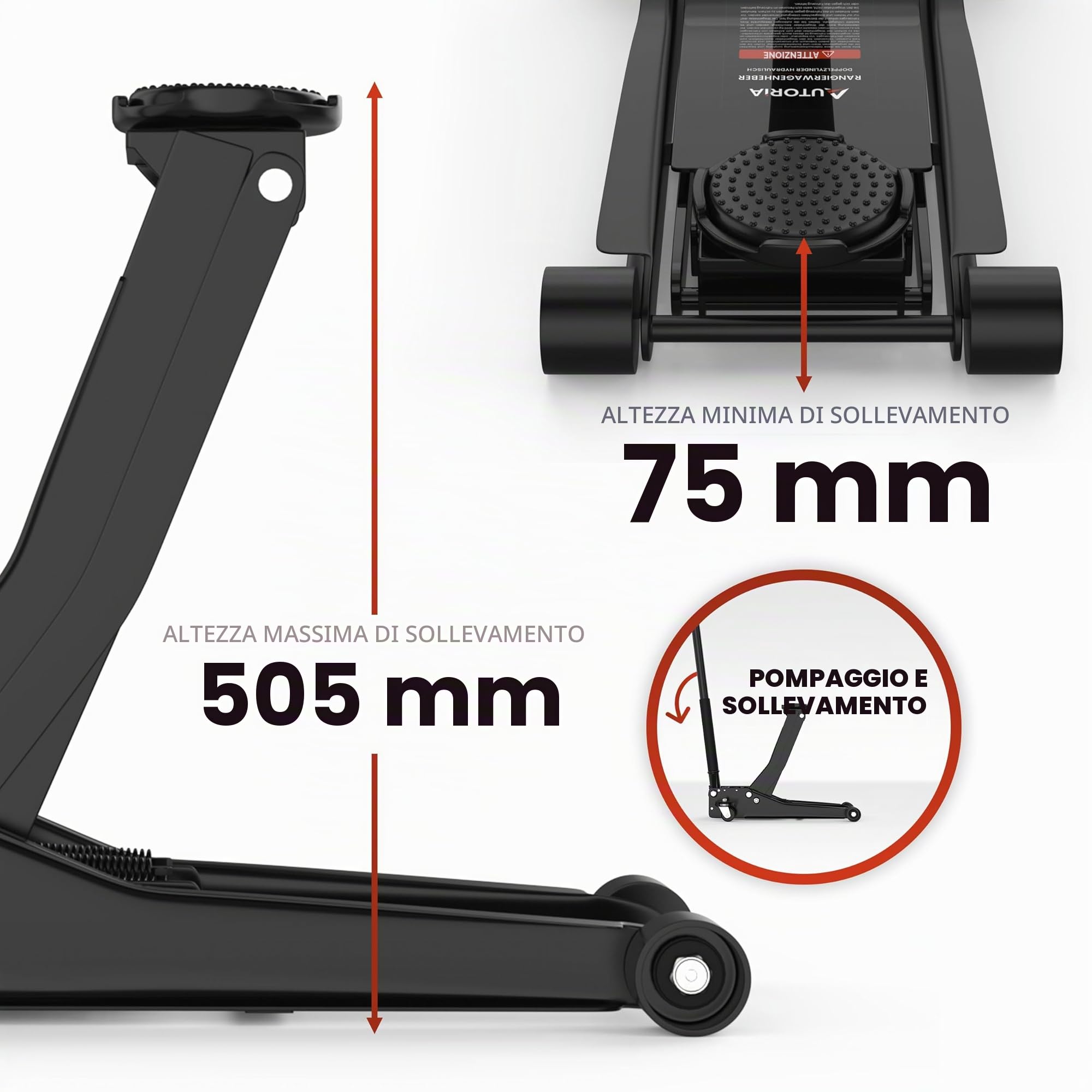 Cric idraulico 3T piatto, altezza di sollevamento 75-505 mm, con 2 cuscinetti in gomma, professionale per auto, ruote a 360°