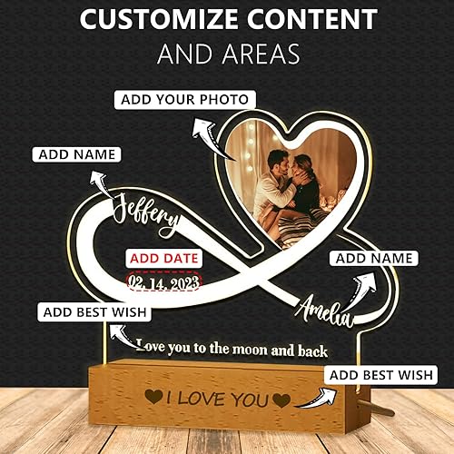 Miniatura 3 de Placa de acrílico con foto personalizada, regalos para aniversario, San Valentín, cumpleaños, luz nocturna LED personalizable, base de madera,