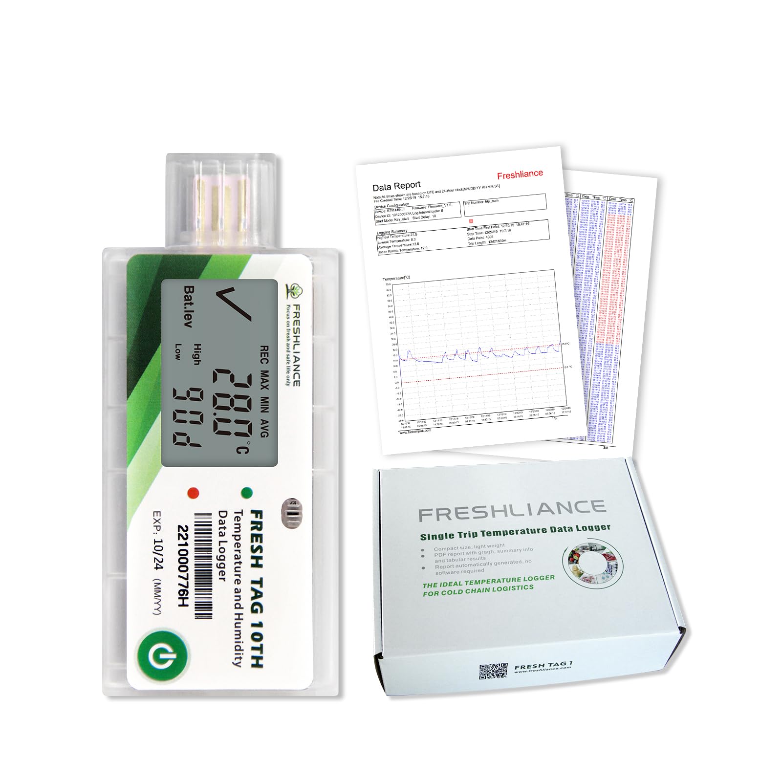 Freshliance Registrador de datos de humedad y temperatura LCD, grabadora de humedad de temperatura USB de un solo uso con informe PDF o CSV, 65000 lecturas de -30.0 °C ~ 70.0 °C de alta precisión, 30
