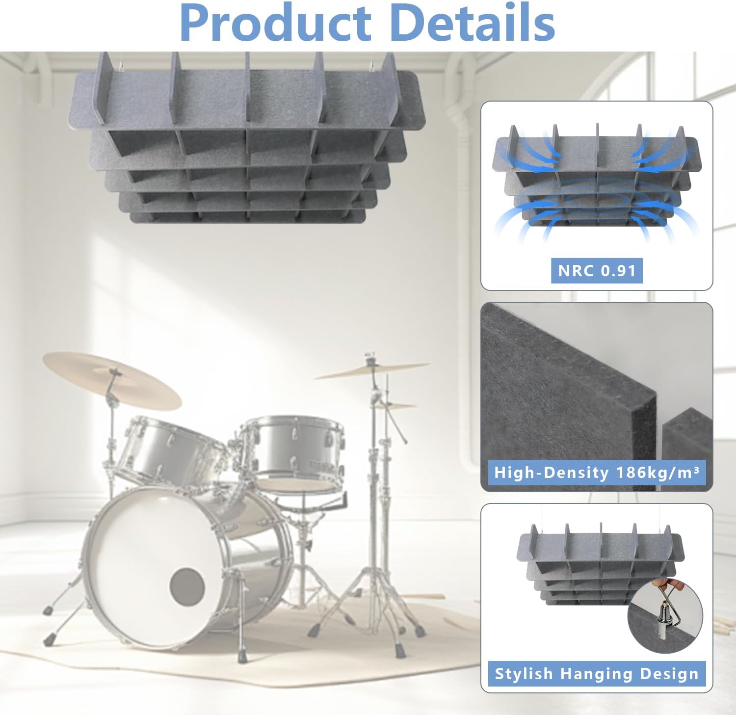 Acoustic Ceiling Waffle Panel, POOMEL Acoustic Panels Sound Absorbing, Large Hanging Noise Reduction Panel, Ceiling Cloud Sound Diffusers for office, Home Theater, Recording Studio, Grey