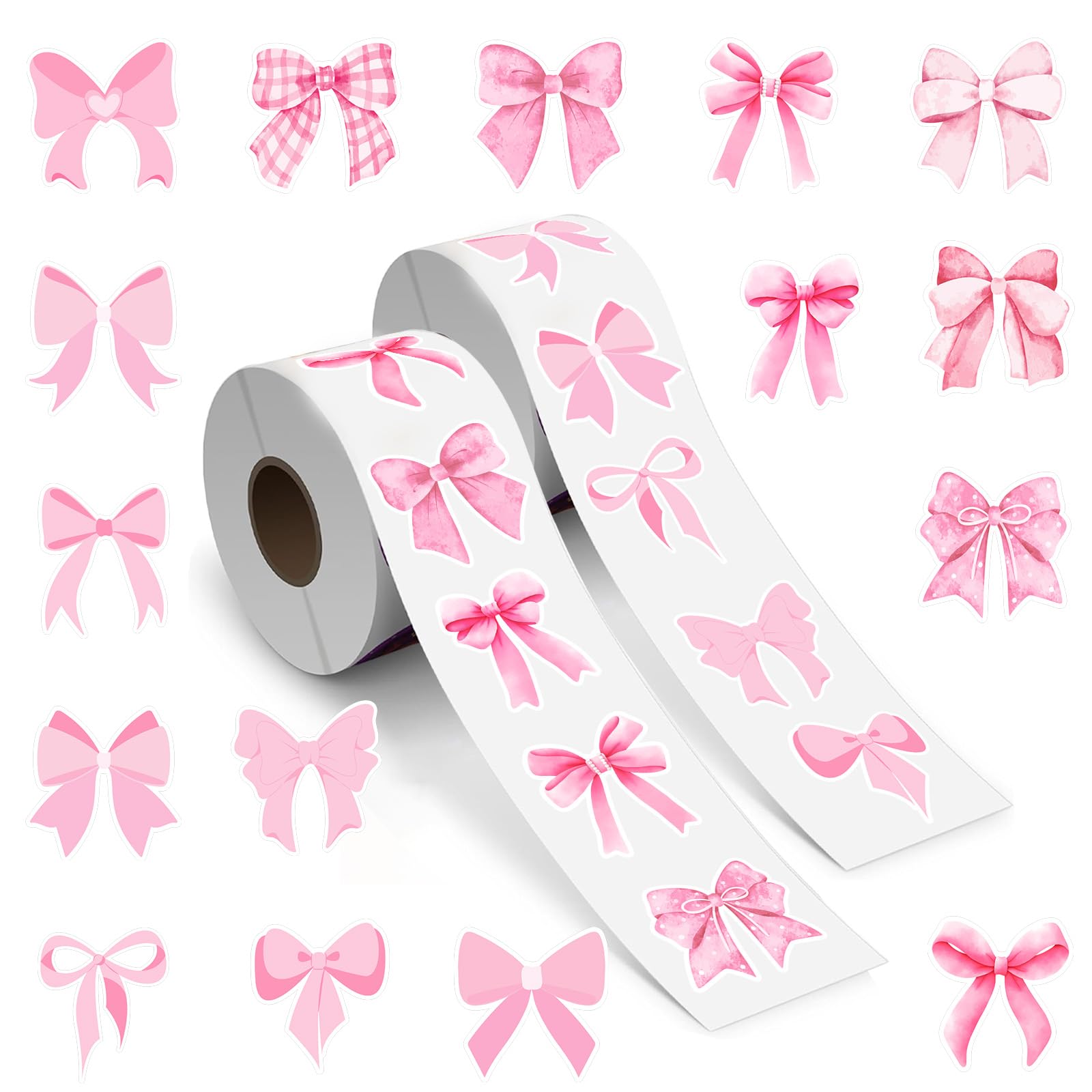 Pink Coquette Bow Stickers Waterproof - Vintage Watercolor Scrapbook Stickers for Girls, 1000Pcs 16 Patterns in 2 Rolls, Laptop Water Bottle Crafts