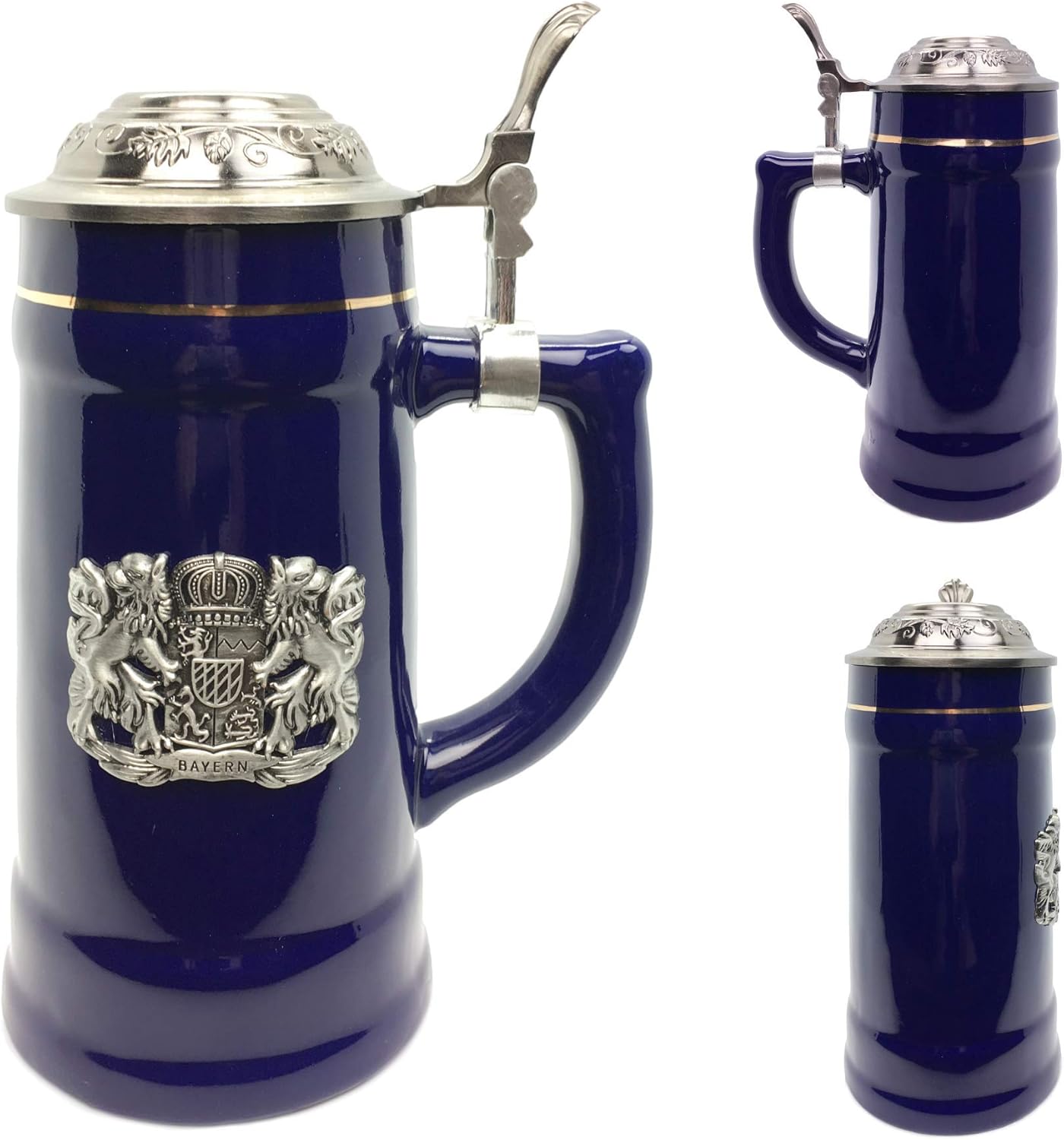 0.75 Liter | OktoberfestHaus Beer Lover Gift Beer Stein Tankard Medieval German Bavarian Coat Of Arms With Germany On Metal Emblem Bier Krug Cobalt Blue Ceramic Mug With Lid