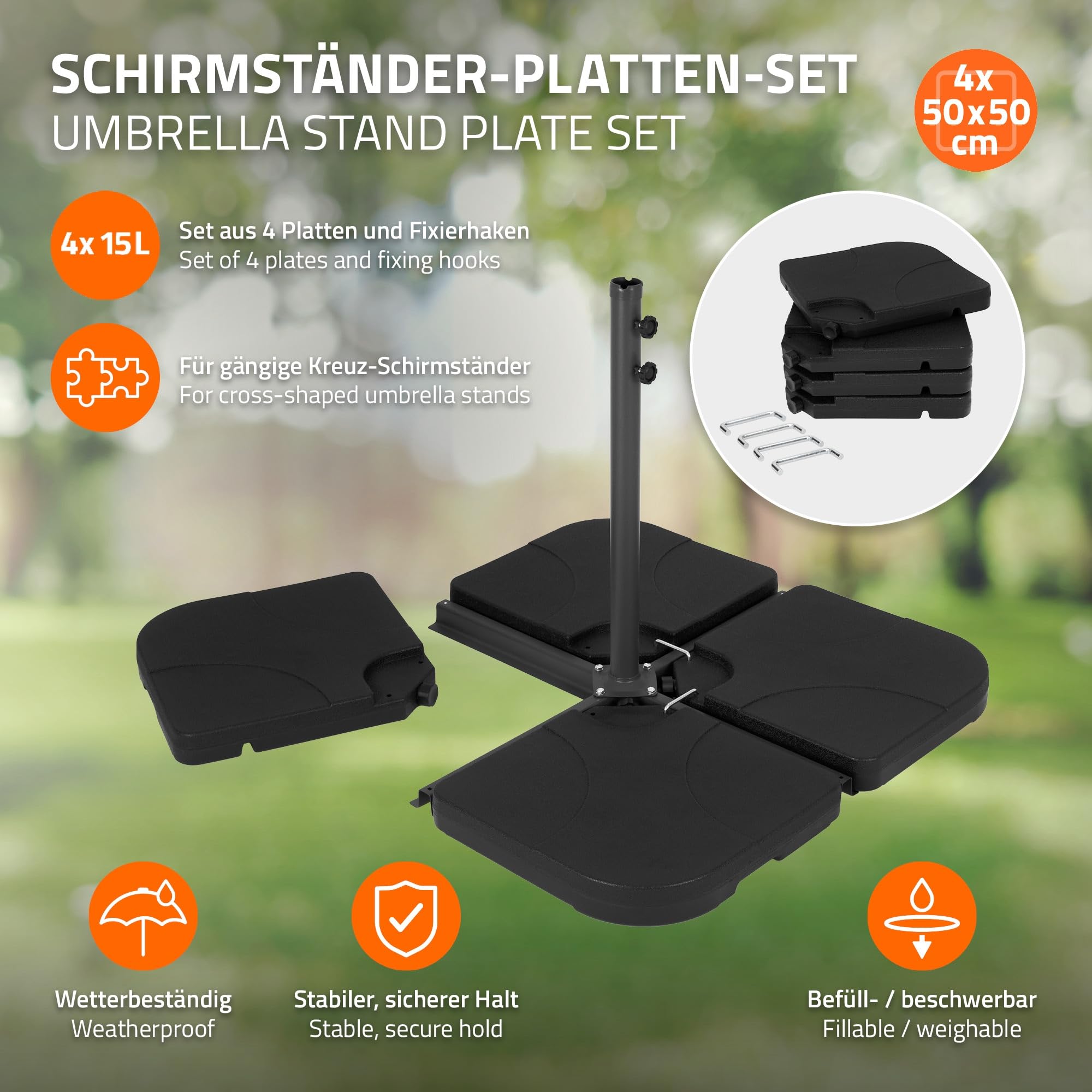 ML-Design Podstawa parasola 4 czesciowa zestaw obciazników do parasola ogrodowego 60L do 80kg do podstawy krzyzowej wypelnienie woda lub piaskiem odporna na warunki atmosferyczne metalowymi lacznikami