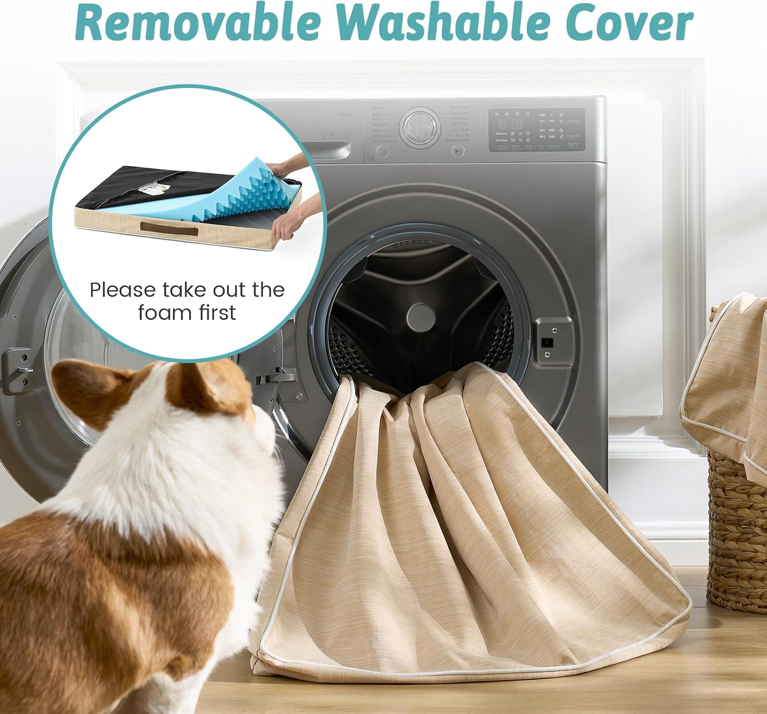 Large Orthopedic Dog Bed, Cooling Dog Beds for Large Dogs, Washable Pet Bed with Waterproof Liner, 44x32x4in,Beige