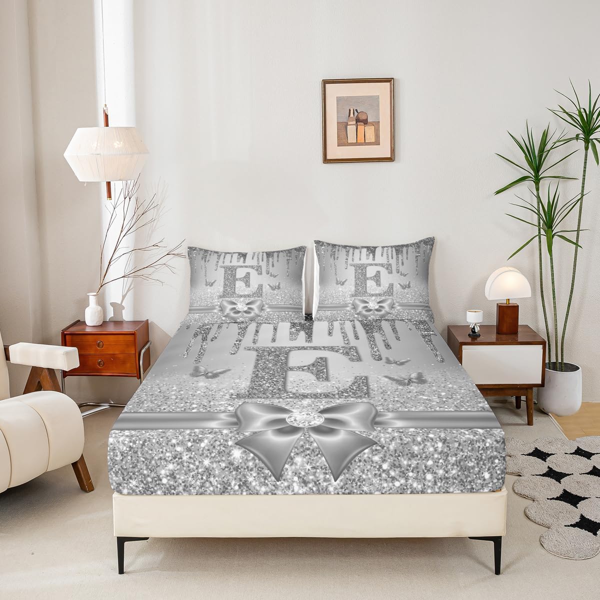 Erosebridal Personalized Initial E Bed Sheets Full Grey Princess Alphabet Letter Fitted Sheet Sequins Art Room Decor Bedding Set,Dreamy Glitter Monogrammed Bed Cover 3 Pcs