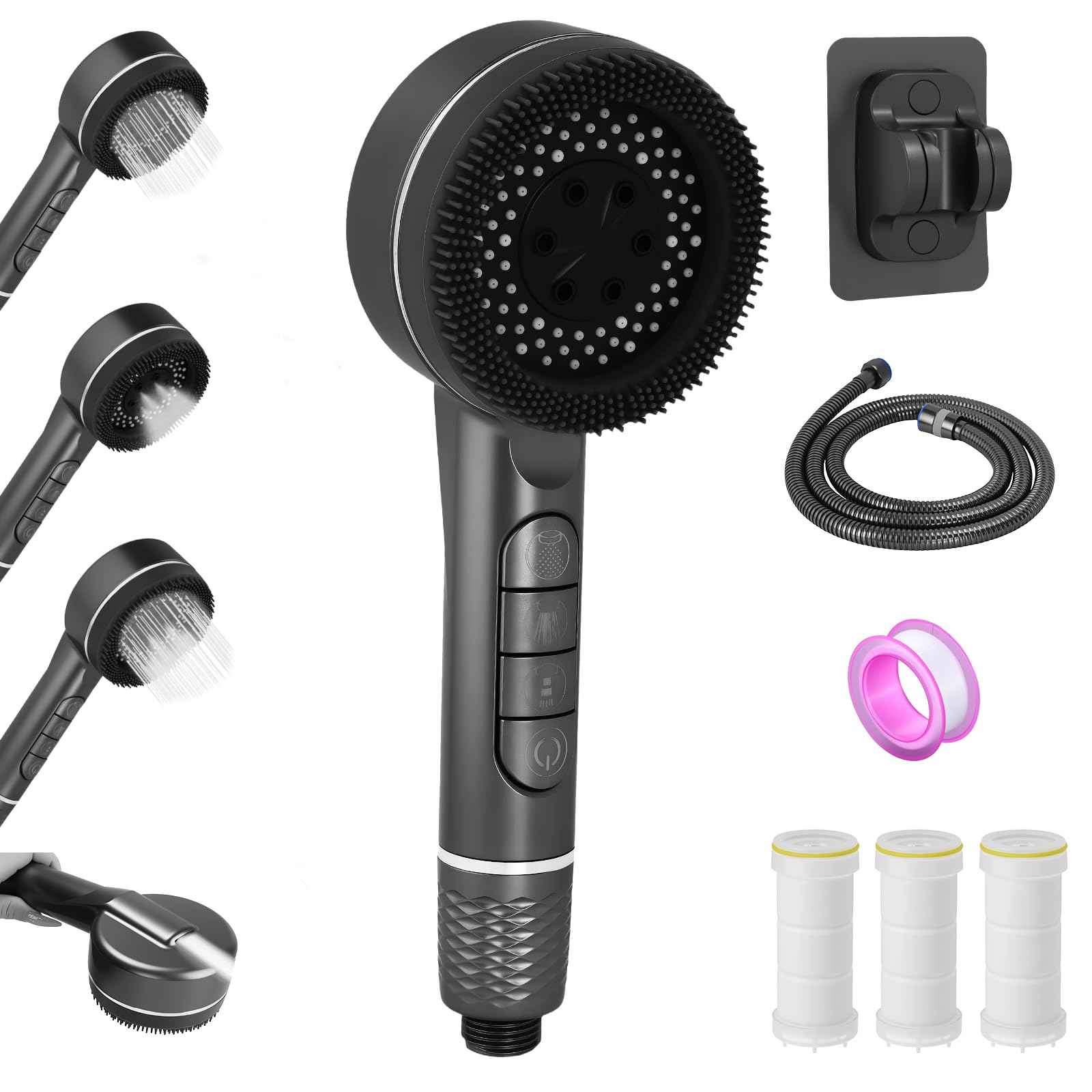Soffione Doccino per Doccia Anticalcare con Filtro, con 1.5m Tubo Doccetta, 4 Modi Funzione alta Pressione Shower Head Risparmio Idrico, Grigio