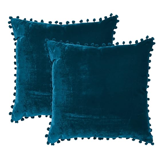 Sugarchic Soft Velvet Cushion Covers with Pom-Pom Bubble Lace and Hidden Zipper - Pack of 2 (18 x 18 Inch, Midnight Blue)