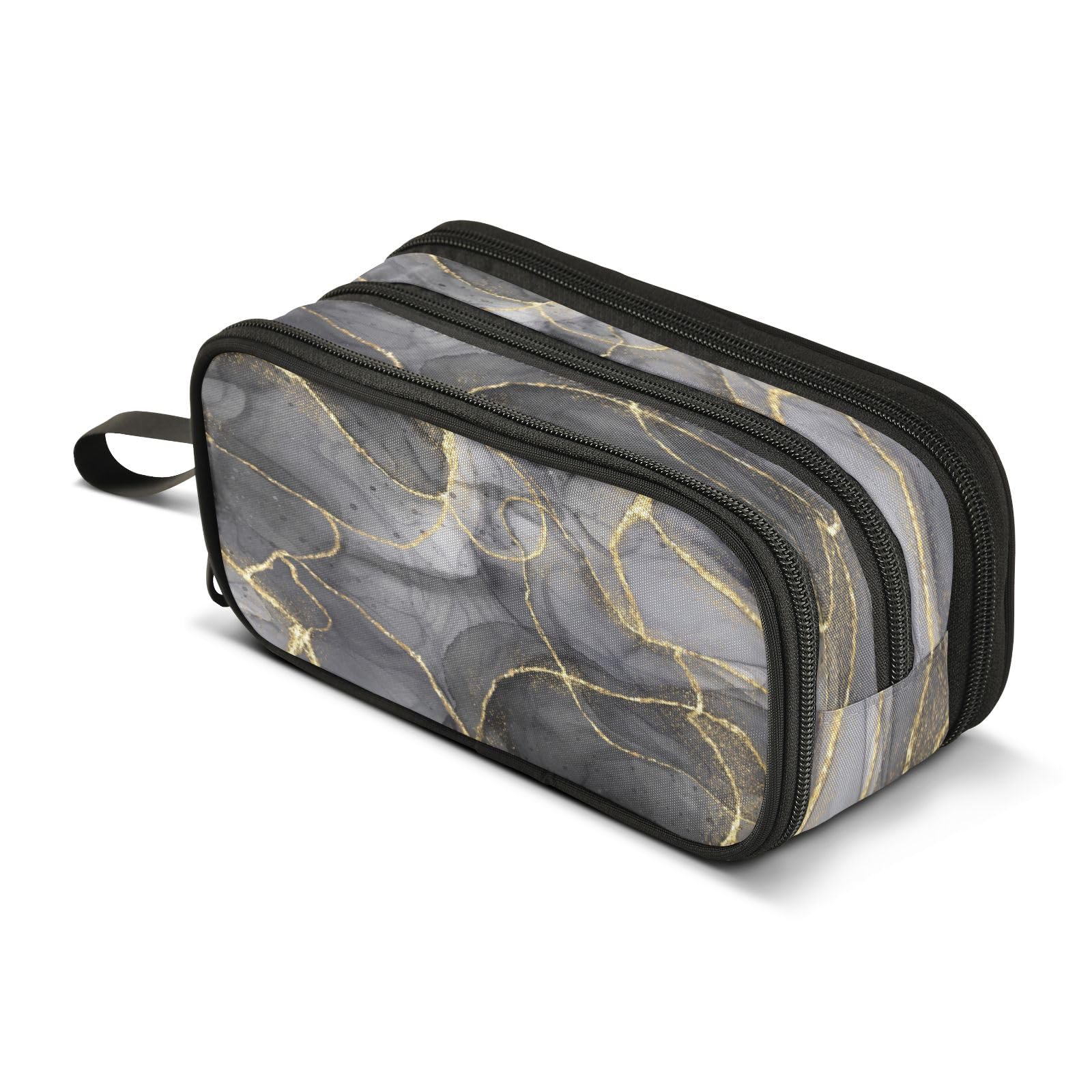 Mnsruu Gray Yellow Abstract Art Marble Pencil Case 3 Compartment Pen Bag Pouch Holder Box School Portable Stationery Storage Bag for Girls Boys