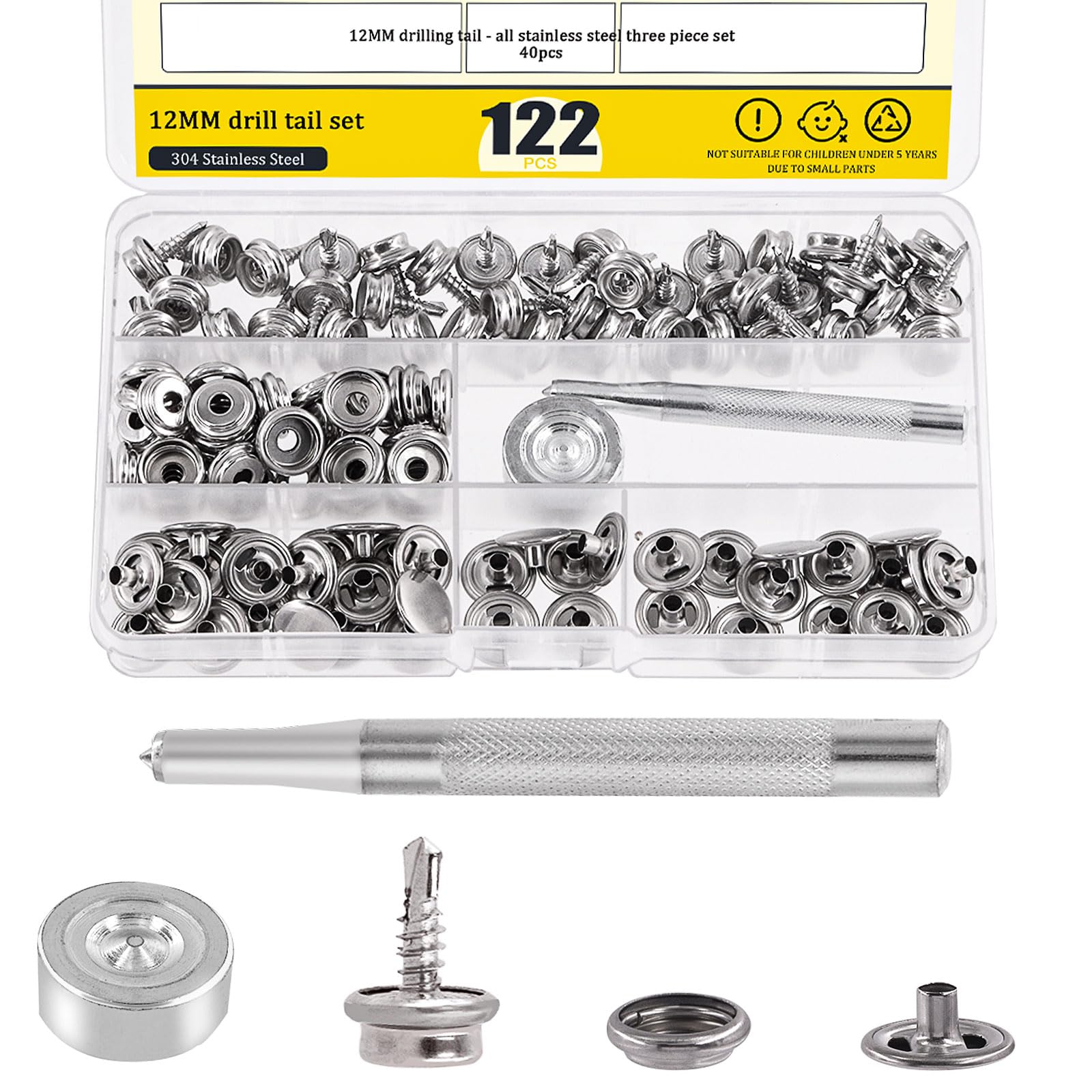 Mardatt 120Pcs Stainless Steel Marine Grade Canvas Snaps Kit, 3/8" Socket Boat Snaps, Upholstery Boat Cover Snap Button Fastener, Silver, Cap Style