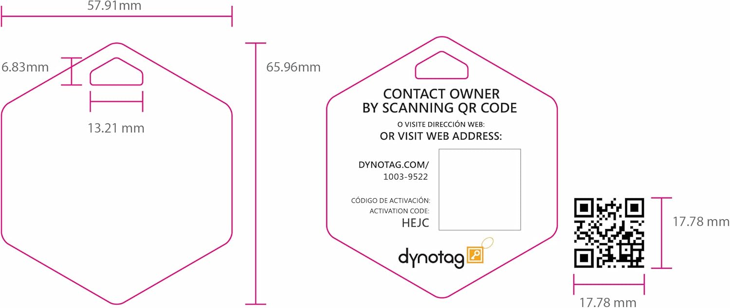 Dynotag® Web Enabled Smart Deluxe Steel Property ID Tag + Steel Ring, with DynoIQ™ & Lifetime Recovery Service. Hexagon (Geometric Design)