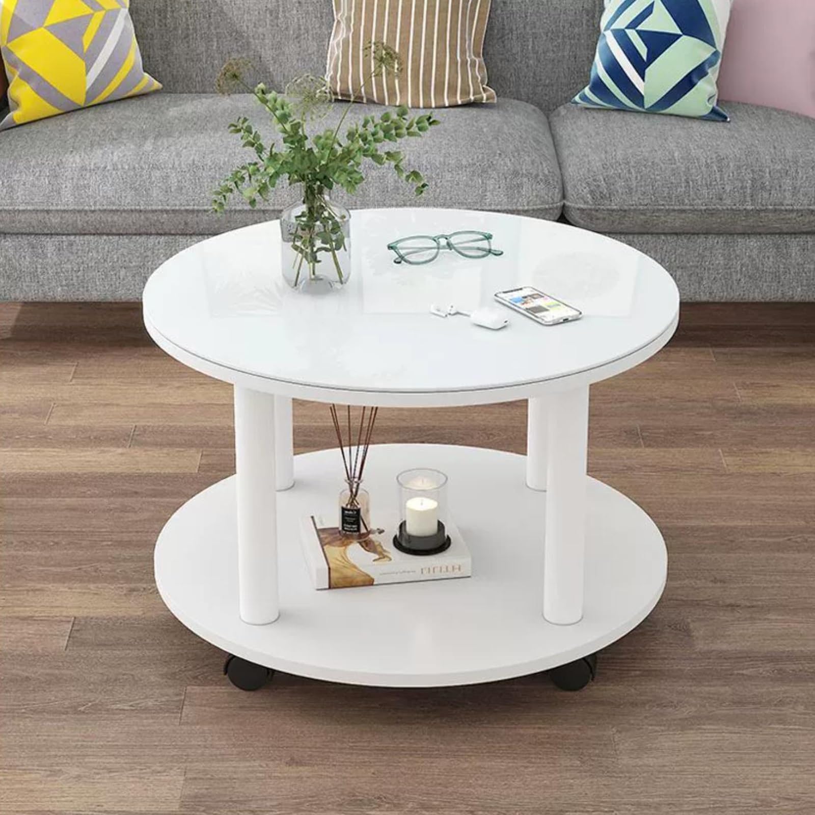 Table basse ronde moderne avec rangement blanc et roulettes
