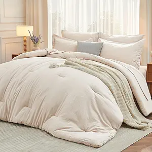 MUXHOMO 7 Pieces California King Comforter Set, Soft Bed in a Bag Cal King Size, All Season Bedding Set with Comforter, Flat Sheet, Fitted Sheet, Pillowcases & Shams, Beige