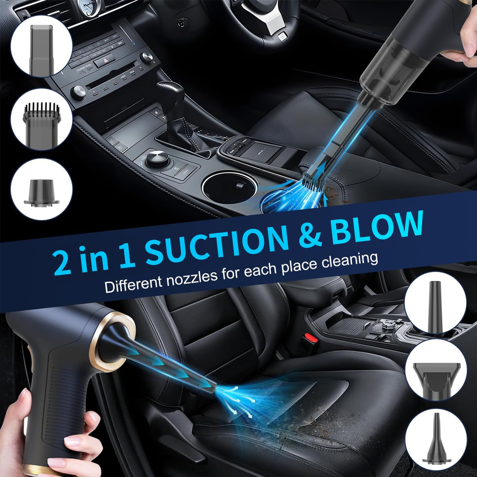 GEITOO Handheld Cordless Car Vacuum Cleaner for Crevice Cleaning, 2 in 1 Dust Buster & Air Blower, 6000PA Portable Mini Hand Held Rechargeable Vacuum Cleaners with Multi-nozzles for Car, Home, Office