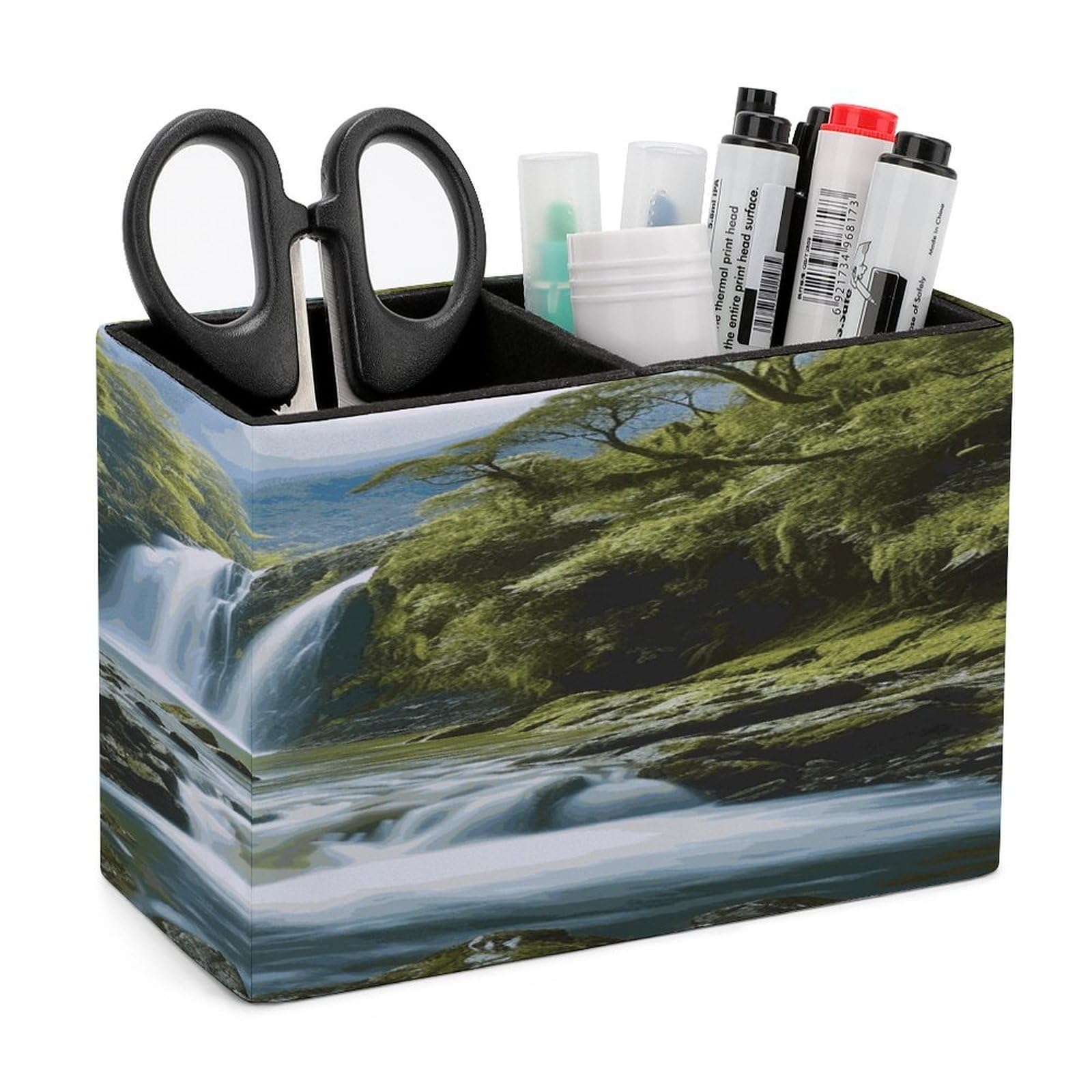 LDGSUPH Waterfall Landscape Painting Leather Pen Holder for Desk Organizer Caddy Large Pencil Cup Multi-function Pencil Holder Makeup Brush Holders Pen Organizer for Home Office Storage Box