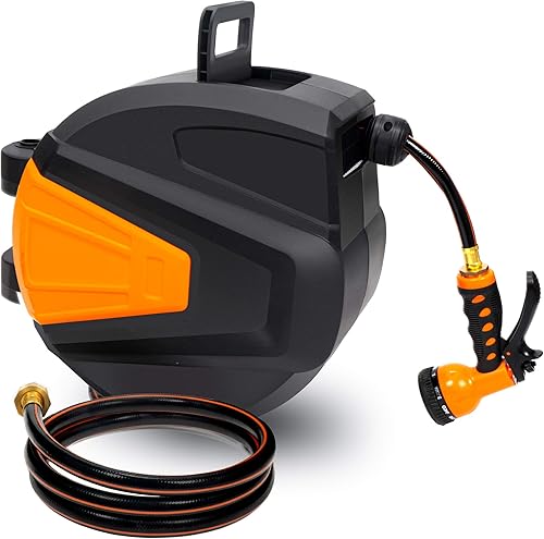 ORCISH Carrete de manguera, carrete retráctil de manguera de jardín de 38 de 66 pies montado en la pared con 9 boquillas de rociador ajustables con