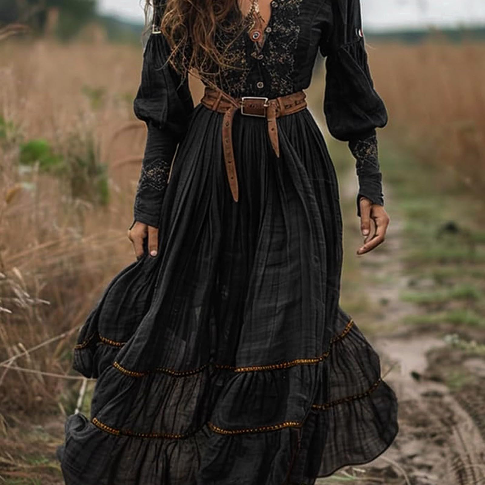 Générique Damska długa sukienka Bohemian Fluid Maxi na co dzień szykowna letnia plaża wygodna elegancka lekka luźna luźna kwiatowy nadruk z długim rękawem okrągły dekolt A29