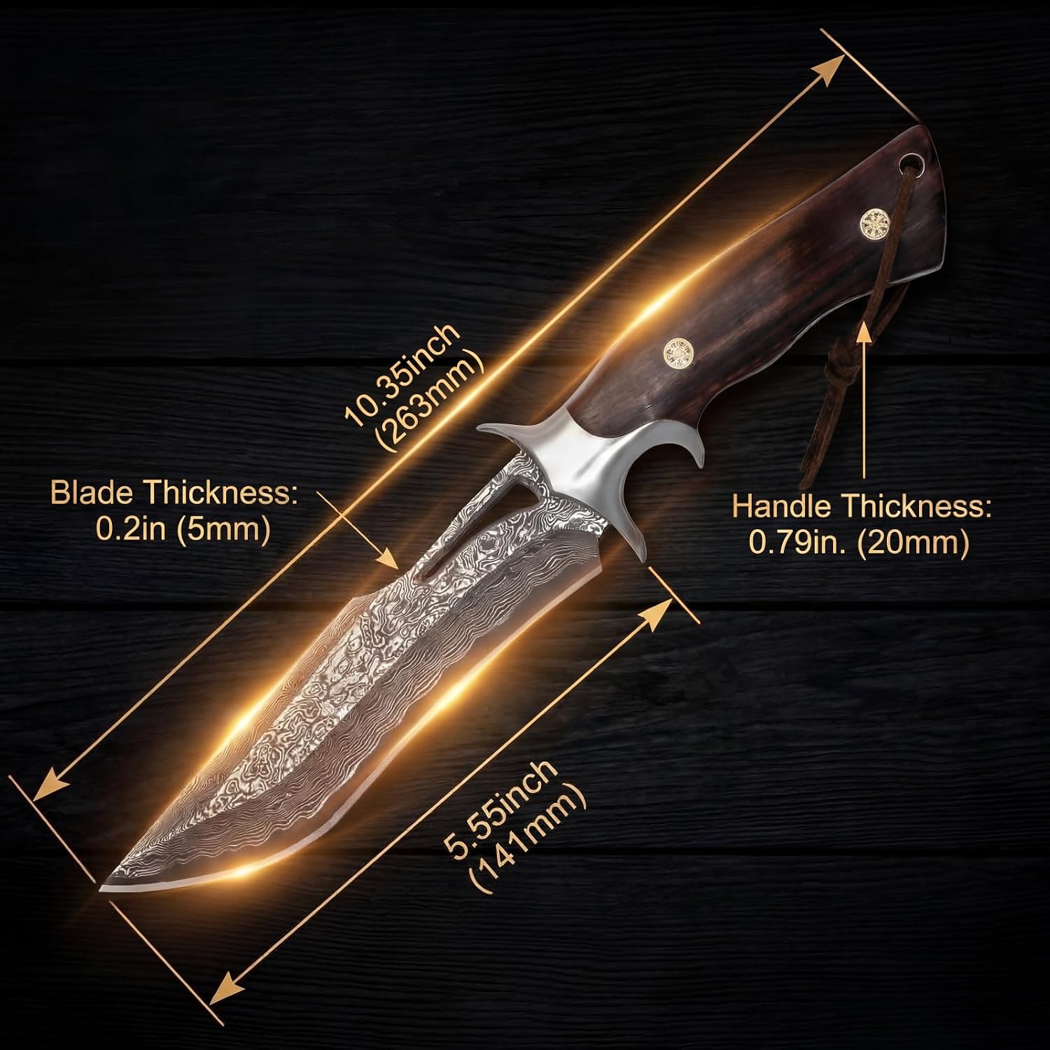 Damascus Hunting Knife, 10.4", Handmade Fixed blade Knife,Bowie knives for men, VG10 Core, 107-layer,Rosewood Handle, Leather Sheath, for Camping, Hunting, Survival,Gift