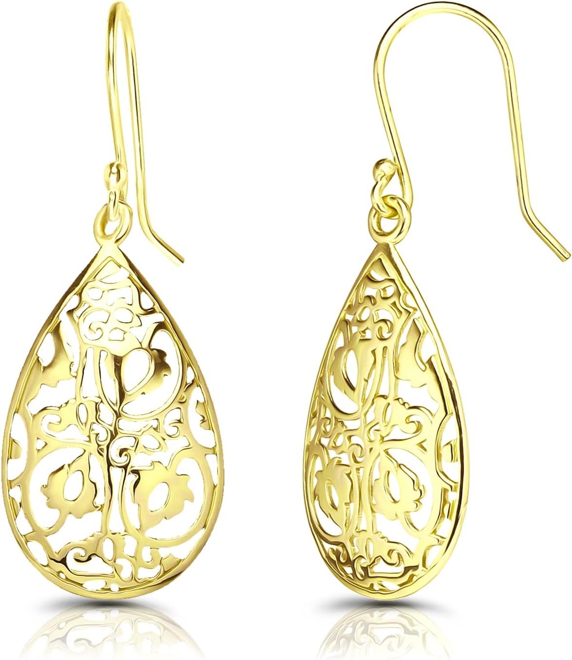 Hoops & Loops 925 Sterling Silver Teardrop Filigree Dangle Hook Earrings for Women, Silver, Yellow and Rose Gold Flashed Sterling Silver