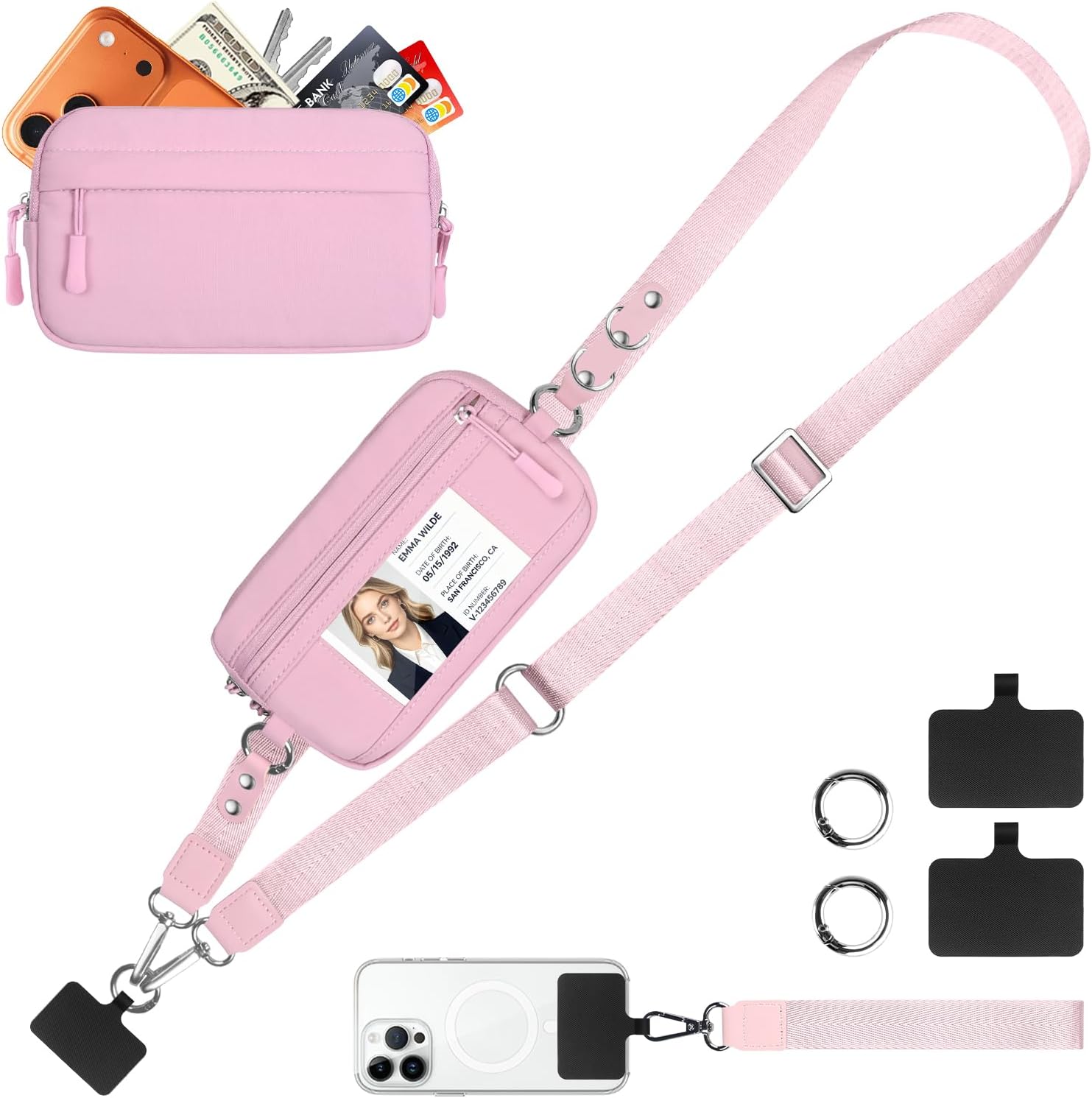 Clip and Go Strap for Phone with Wallet Crossbody, Adjustable & Detachable Phone Lanyard with RFID Wristlet Wallet, ID Window, Zipper, Universal Phone Strap for All Phones, Pink (L)