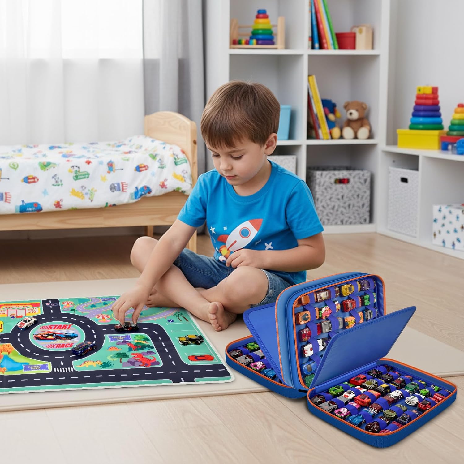 Toy Car Storage Bag for Hot Wheels for Matchbox for LEGO for AZEN for JOYIN for Tub Works Cars Toy Car Organizer Holder with Rug Race Track Mat for 96 Mini Cars - Blue (Case Only) (Blue+Playmat)