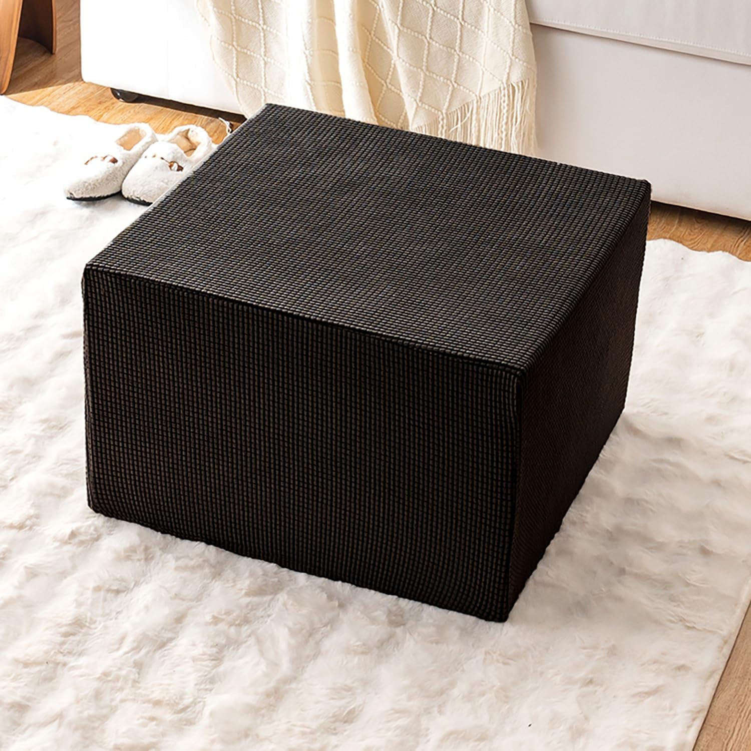 Stretch Ottoman Cover Square 100x100 120x120 90×90 cm Jacquard Foot Stool Slipcover 30x30 40×40 50×50 cm Custom Hassock Protector for Footrest Pouf Sofa Decorative(Beige,88x88cm)