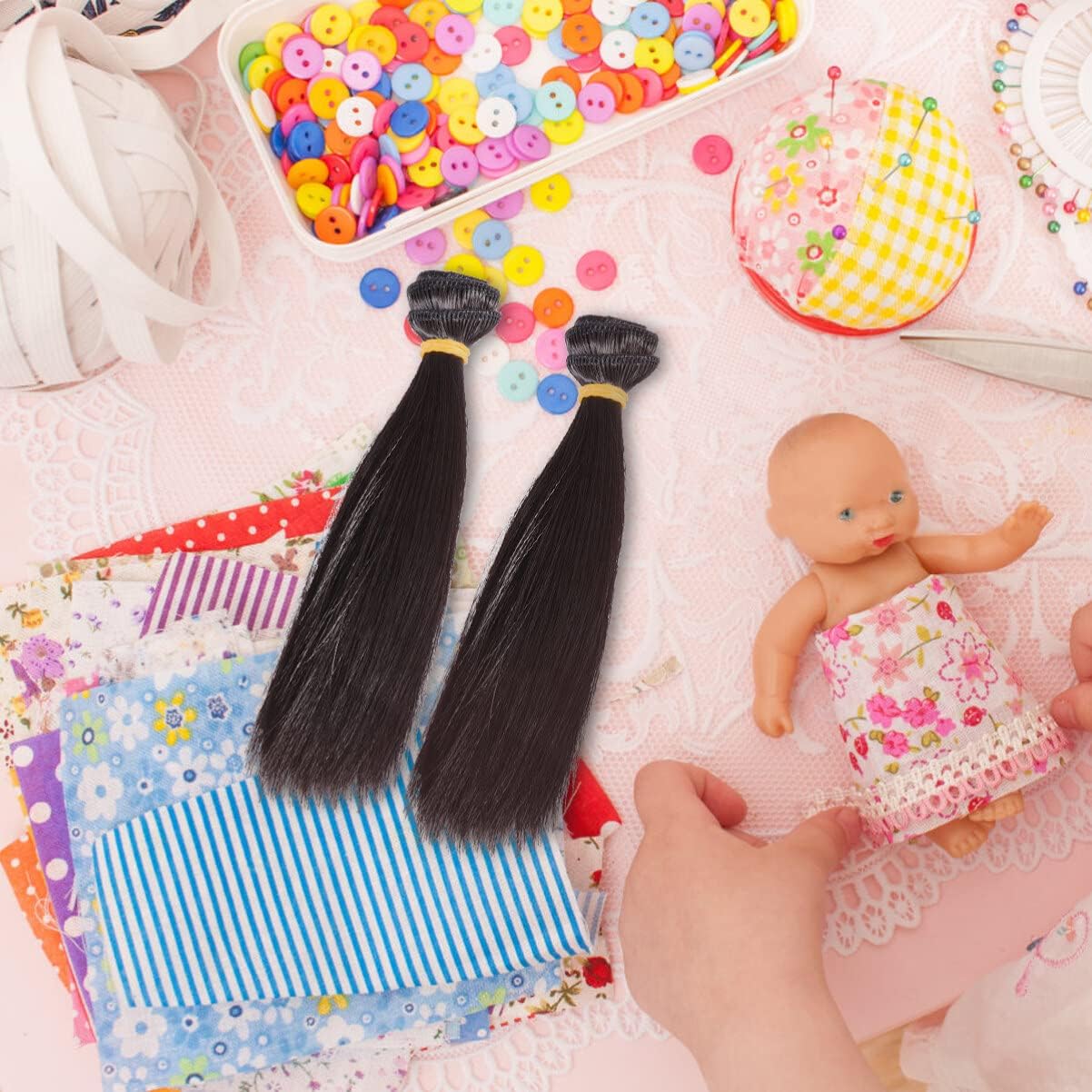 Toyvian Straight Wig Black Wig Doll Hair, 5 Pack Straight Synthetic Doll Hair Wefts for, Wig Making Hair Tinsel Kit Doll Straight Hair