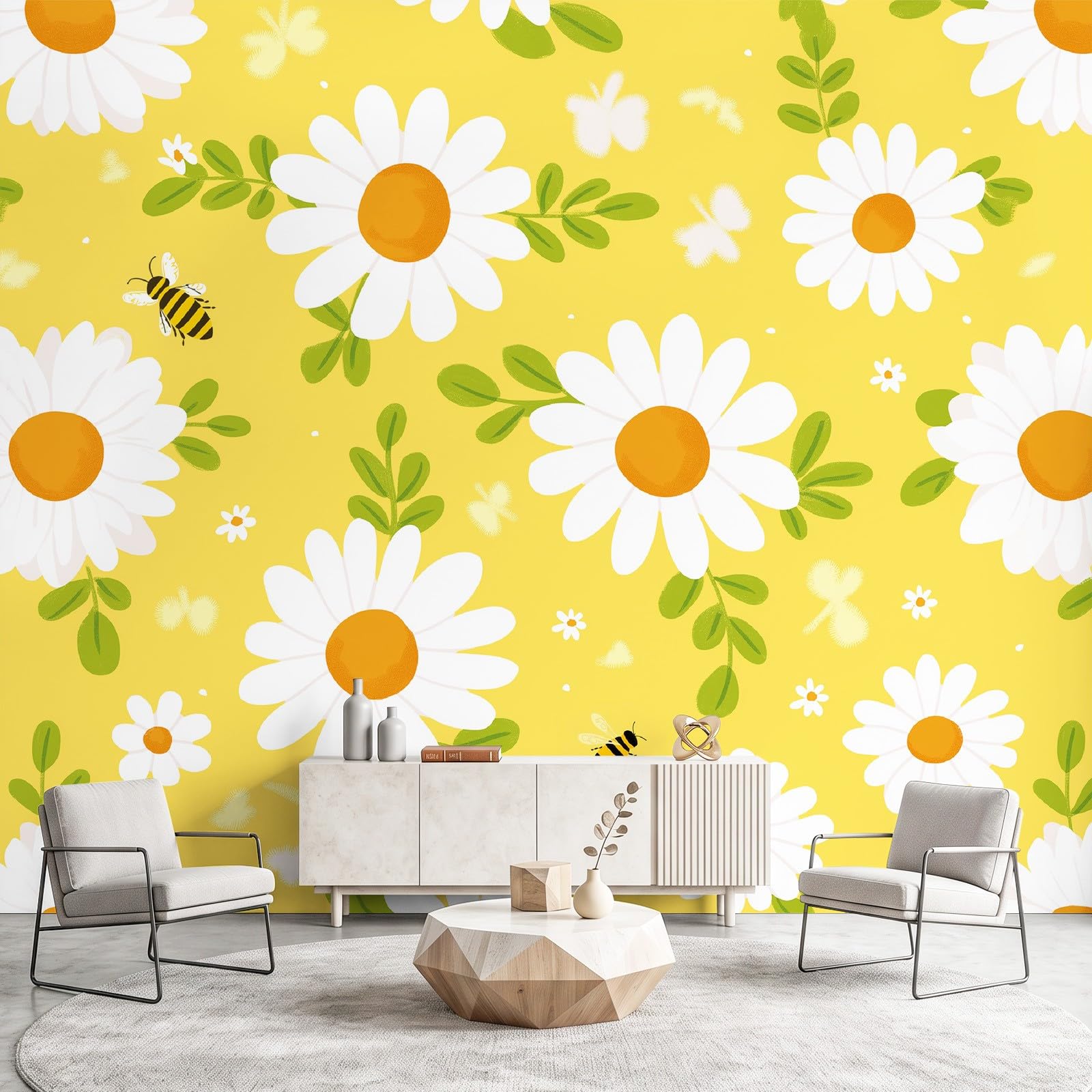 Tapeta na flizelinie, tapeta ścienna, stokrotki, zielone liście, ciepła żółta, fototapeta z motywem 200 x 140 cm, obraz ścienny, dekoracja do pokoju dziecięcego, jadalni, na ścianę, dziecięca, wesoła