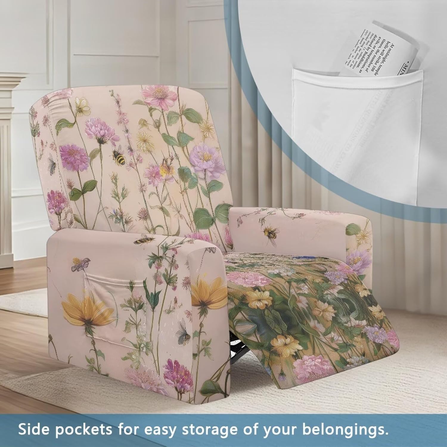 Small Recliner Chair Cover Floral Chair Covers Armchair 4 Pieces Sofa Cover for Dogs Washable for 1 Cushion for Pet-Friendly Households