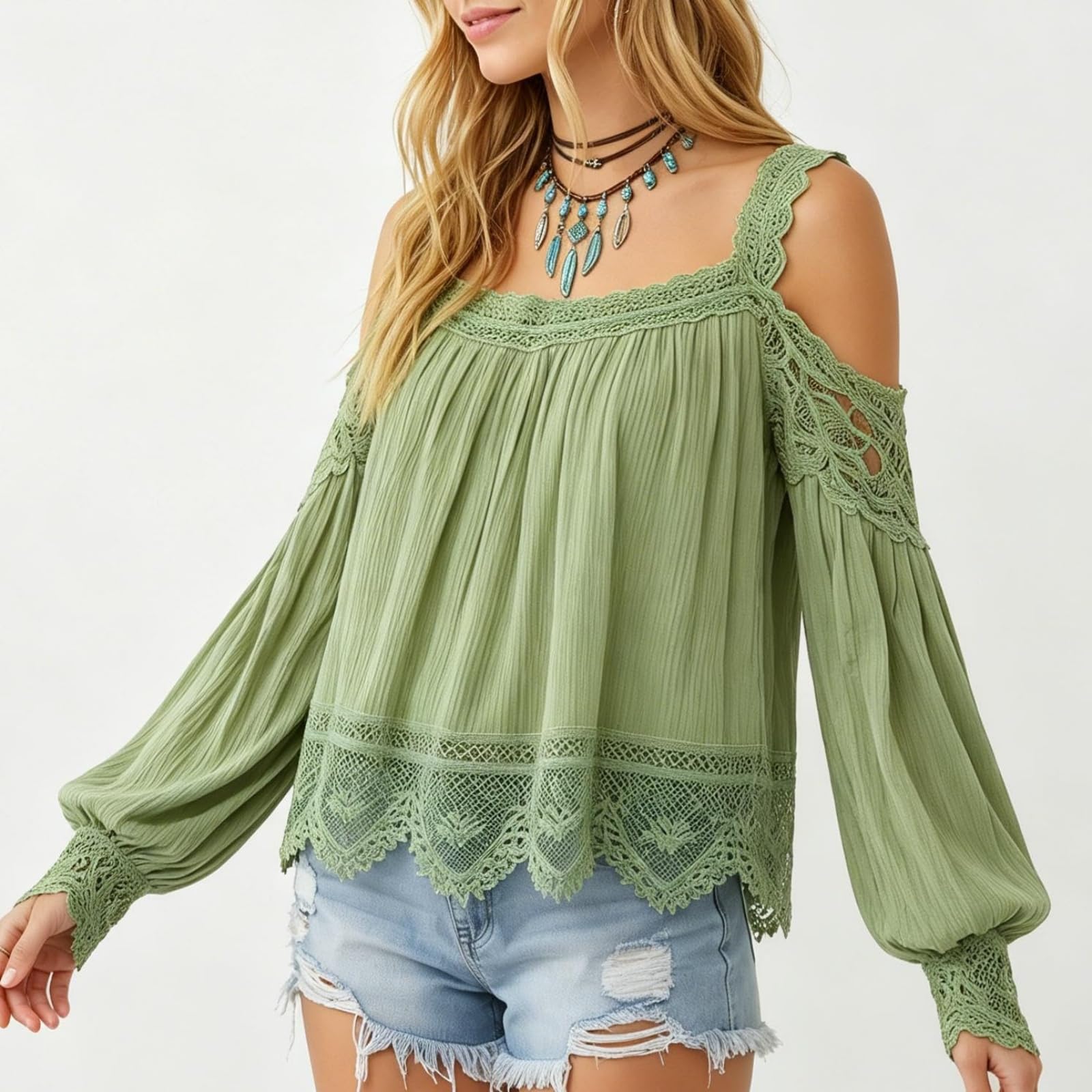 Blusa de Mujer con Detalle de Volantes y Mangas abullonadas - Tirantes, Capas, Encaje, Estilo Vintage, Hombros Descubiertos, bajo Irregular, Estilo Bohemio