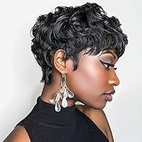 Vista 7 de Pelucas de corte Pixie para mujeres negras, pelucas cortas negras naturales con flequillo, pelucas de pelo corto para mujeres negras (negro)