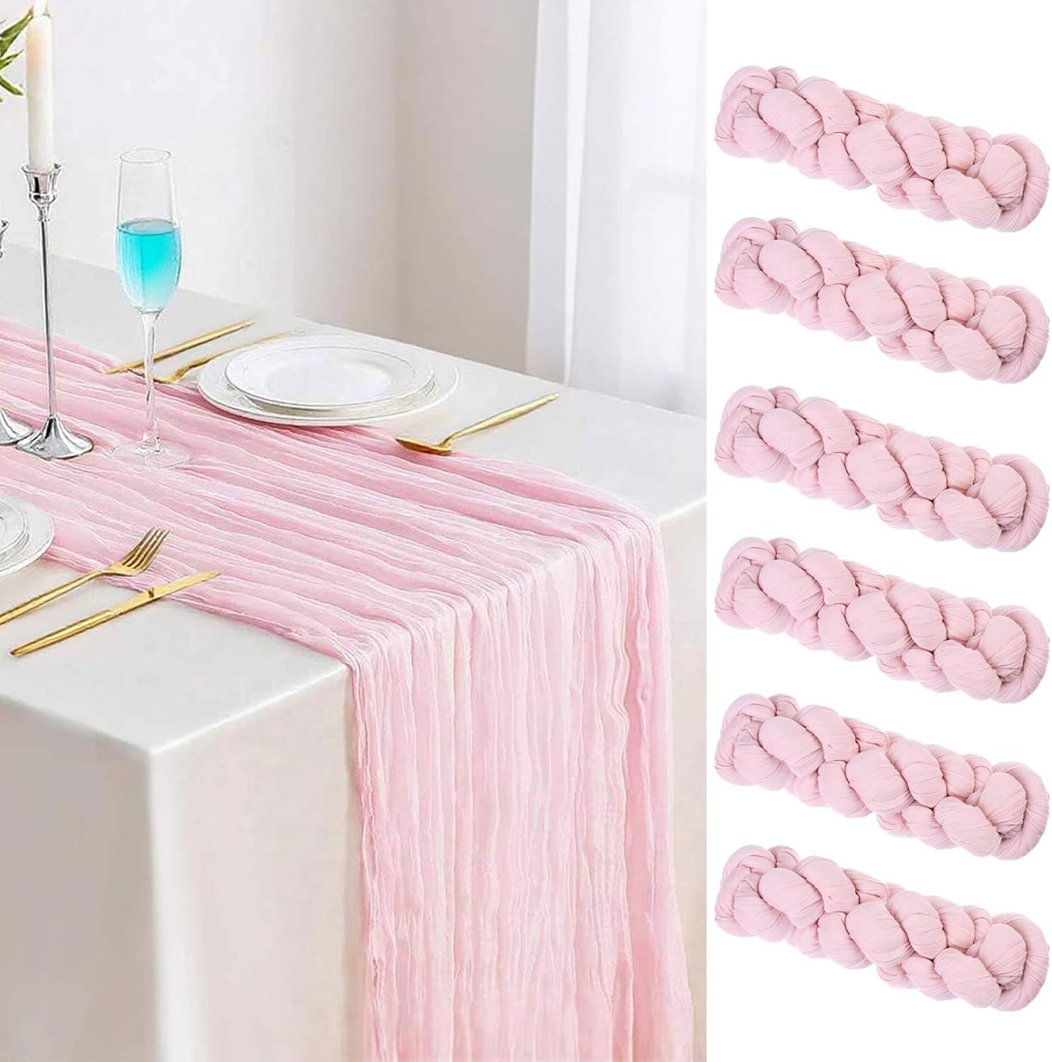 Light Pink Cheesecloth Table Runner 6pcs Boho Gauze 35x120inch Cheese Cloth Runner Sheer Table Runner Wedding Dining Decorations for Holiday Birthday Baby Shower Event Table Decorations for Party