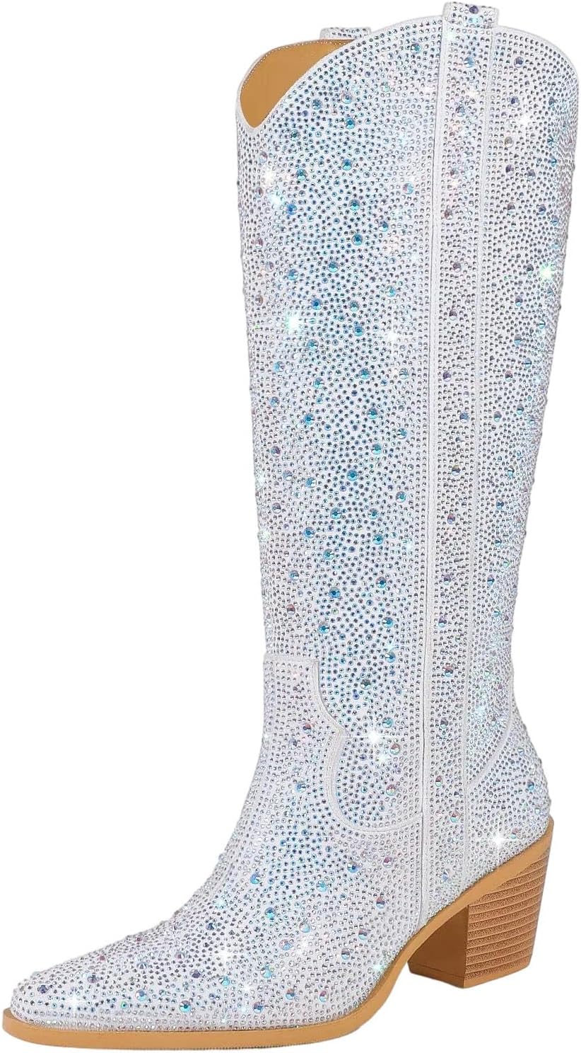 Women Rhinestone Knee High Western Boots Pointed Toe Block Heel Pull On Dress Boots, White, 42.5 EU