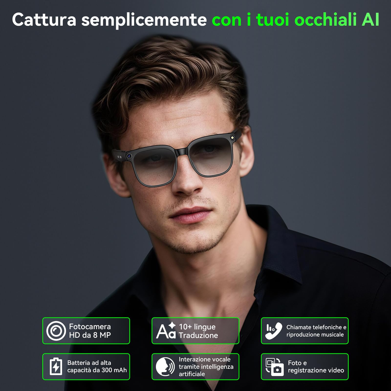 Hwagol Occhiali Smart con Fotocamera 8MP,Smart Glasses AI,Occhiali Intelligenti con Fotografia/Registrazione/Chiamate Intelligenti/Musicale/Traduzione/Riconoscimento Immagini, Lenti Fotocromatiche