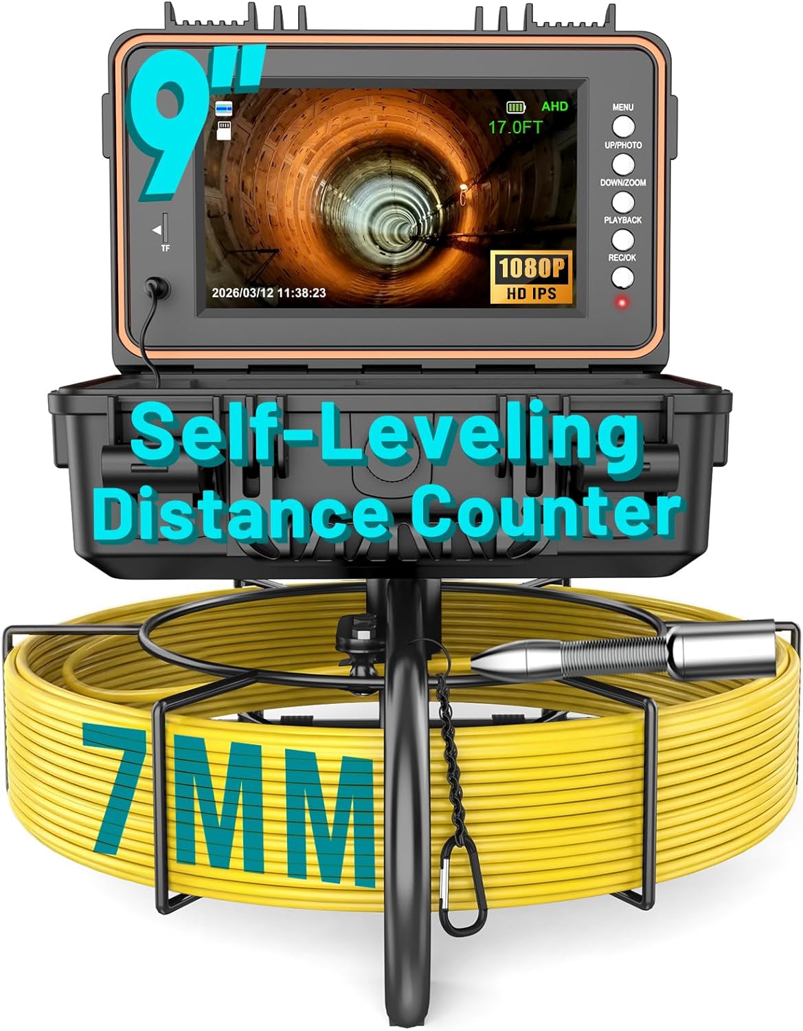 Anysun Self Leveling Sewer Camera 100ft with Distance Counter, Drain Pipe Camera with 9'' 1080P IPS Monitor, Video Recorder, 7MM Cable with 12 Lights(32GB Card)