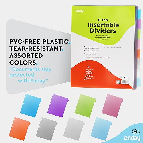 Miniatura 6 de Enday 8 separadores para carpeta de 3 anillas, carpeta de índice estándar, plástico multicolor con pestañas insertables blancas en verde, azul,