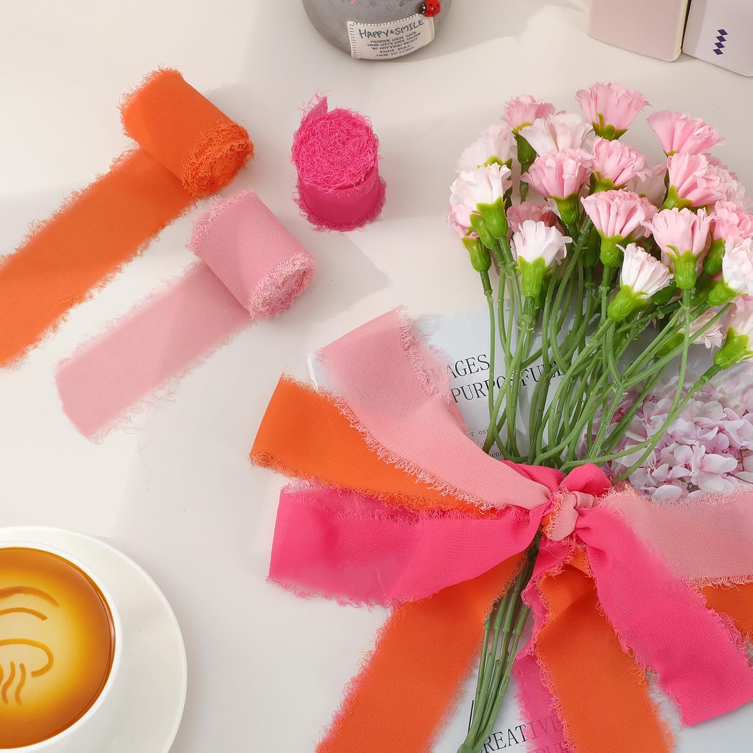 FYSUIMU Hot Pink Orange and Pink Chiffon Ribbon Set 3 Rolls 1.5" x 21 Yd Frayed Edges Ribbons for Wedding Invitations Bridal Bouquets Gifts Wrapping Crafts Holiday Decor