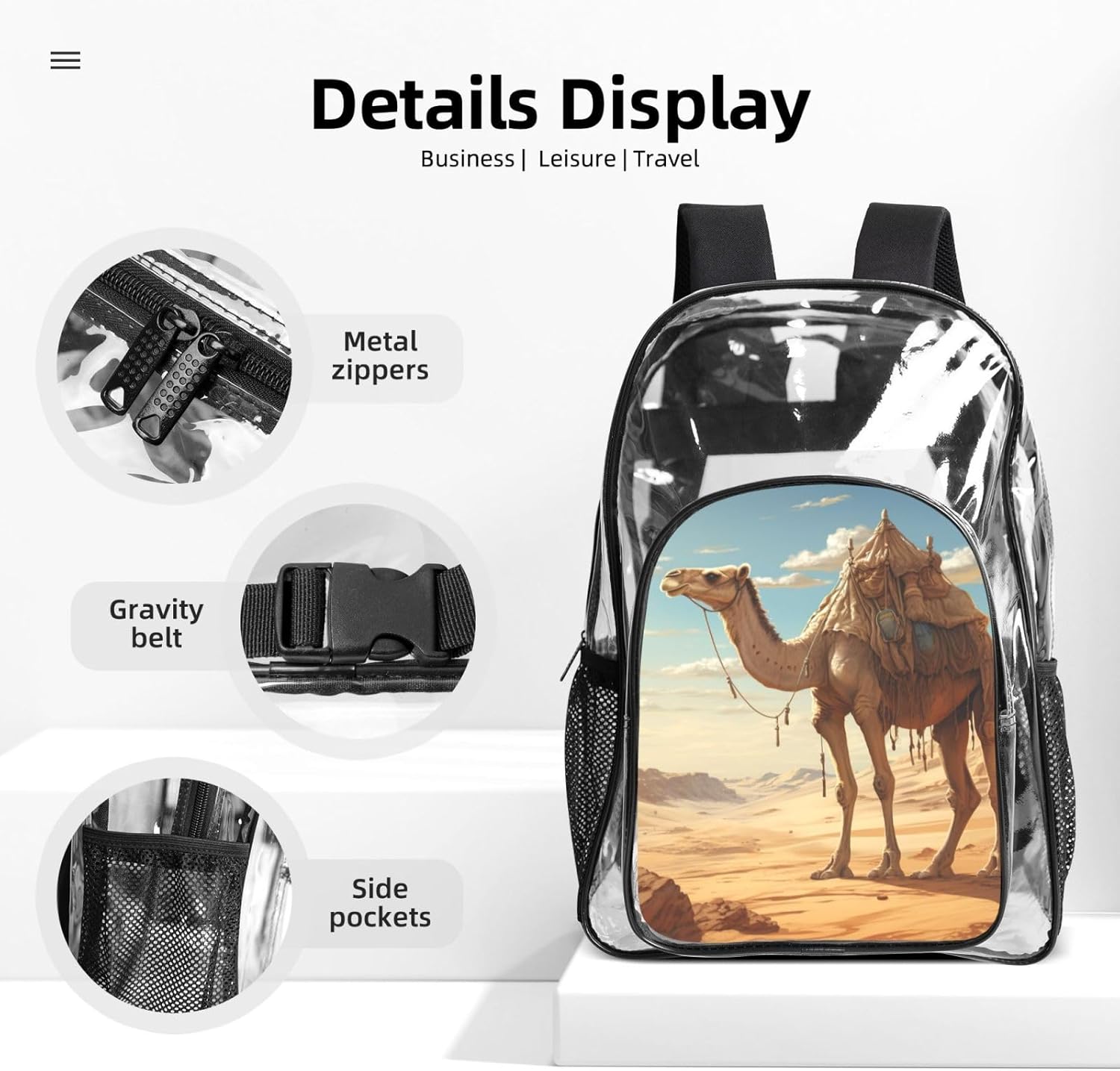 Desert Sand Camel Print Unisex Transparent Backpack Set Travel Outdoor With Clear 3-Piece Lunch Pen Case