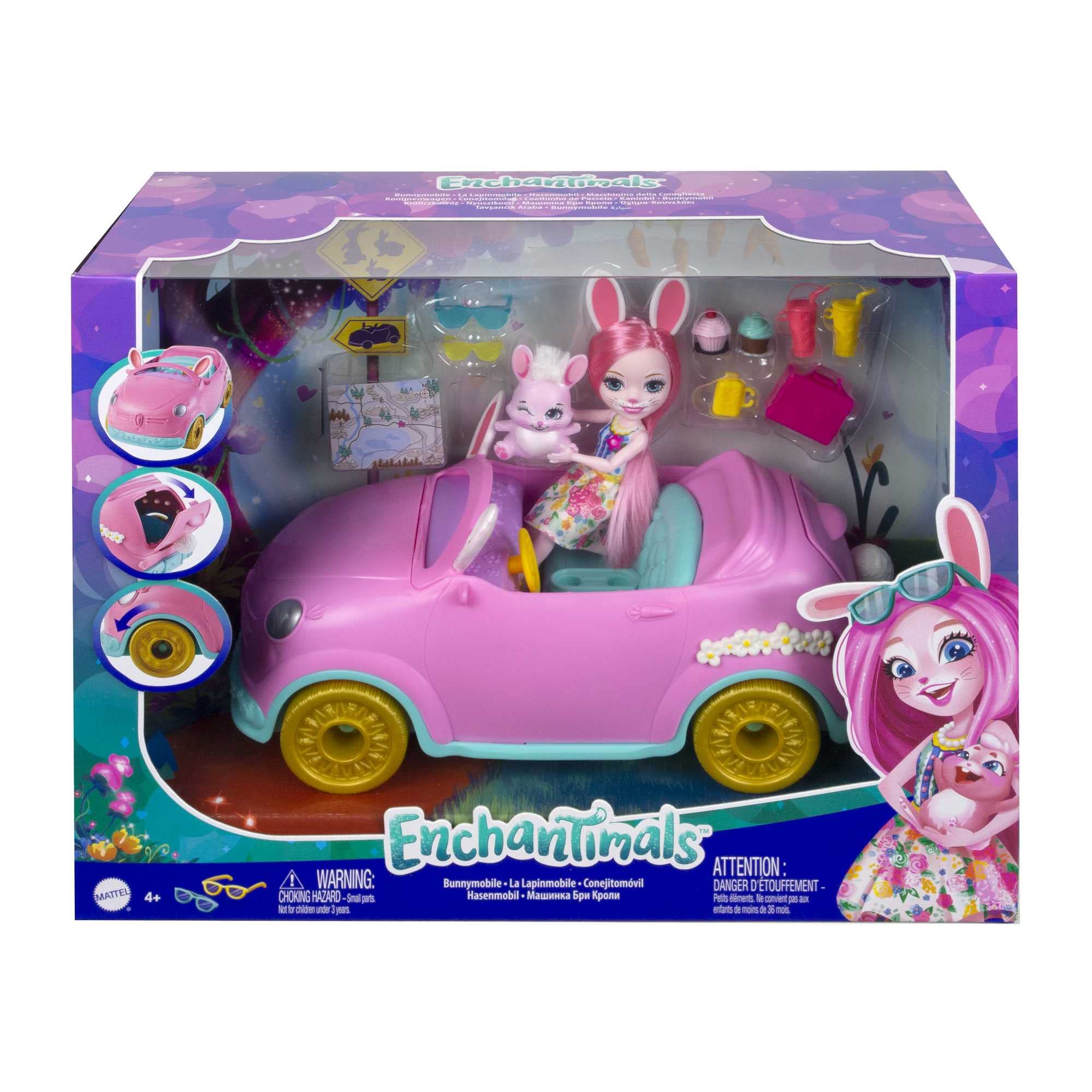 Enchantimals Króliczkowóz 10-elementowy zestaw do zabawy z pojazdem (25,5 cm), lalką, figurką króliczka i akcesoriami, doskonały prezent dla dzieci od 3 roku życia, HCF85