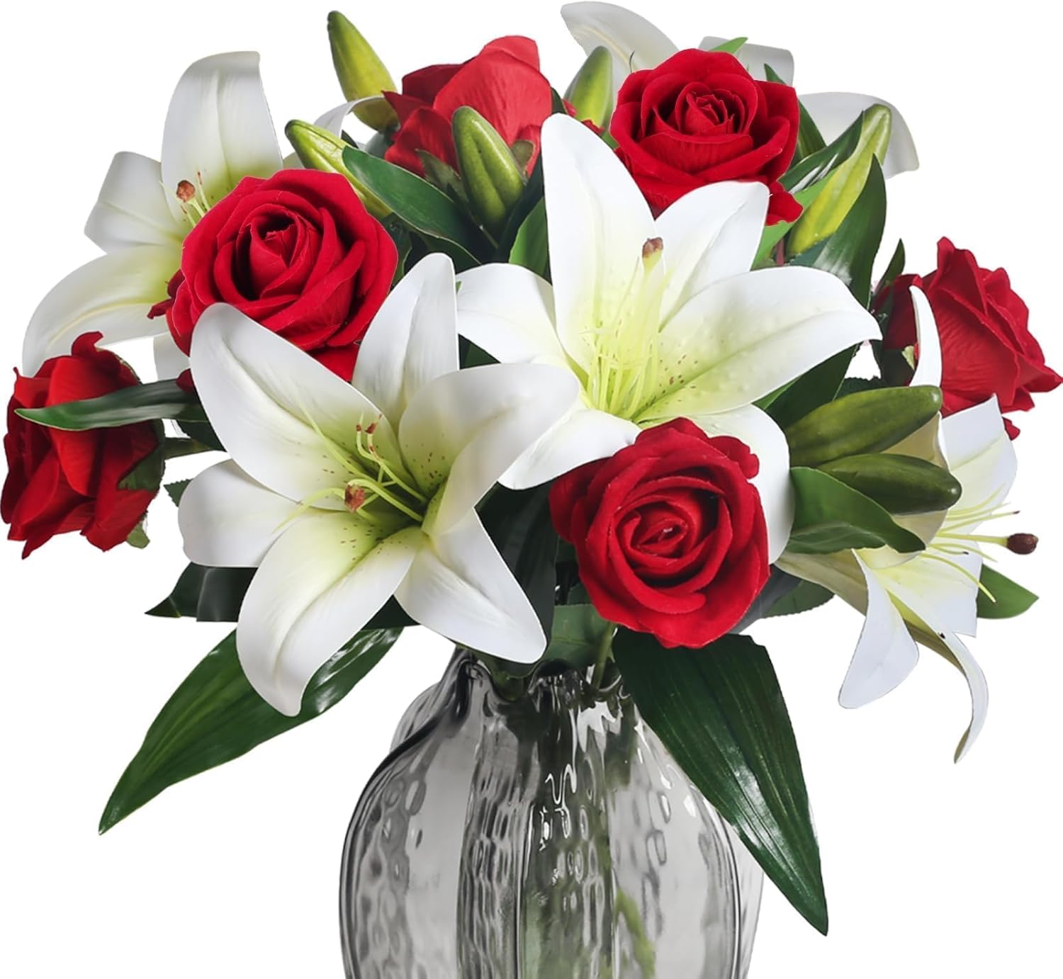 HUAESIN Silk Flower Arrangements Lily Flowers Artificial Velvet Red Roses Bouquet Artificial Spring Flowers for Centerpieces Tables Home Decor Indoor Party Wedding Mother's Day