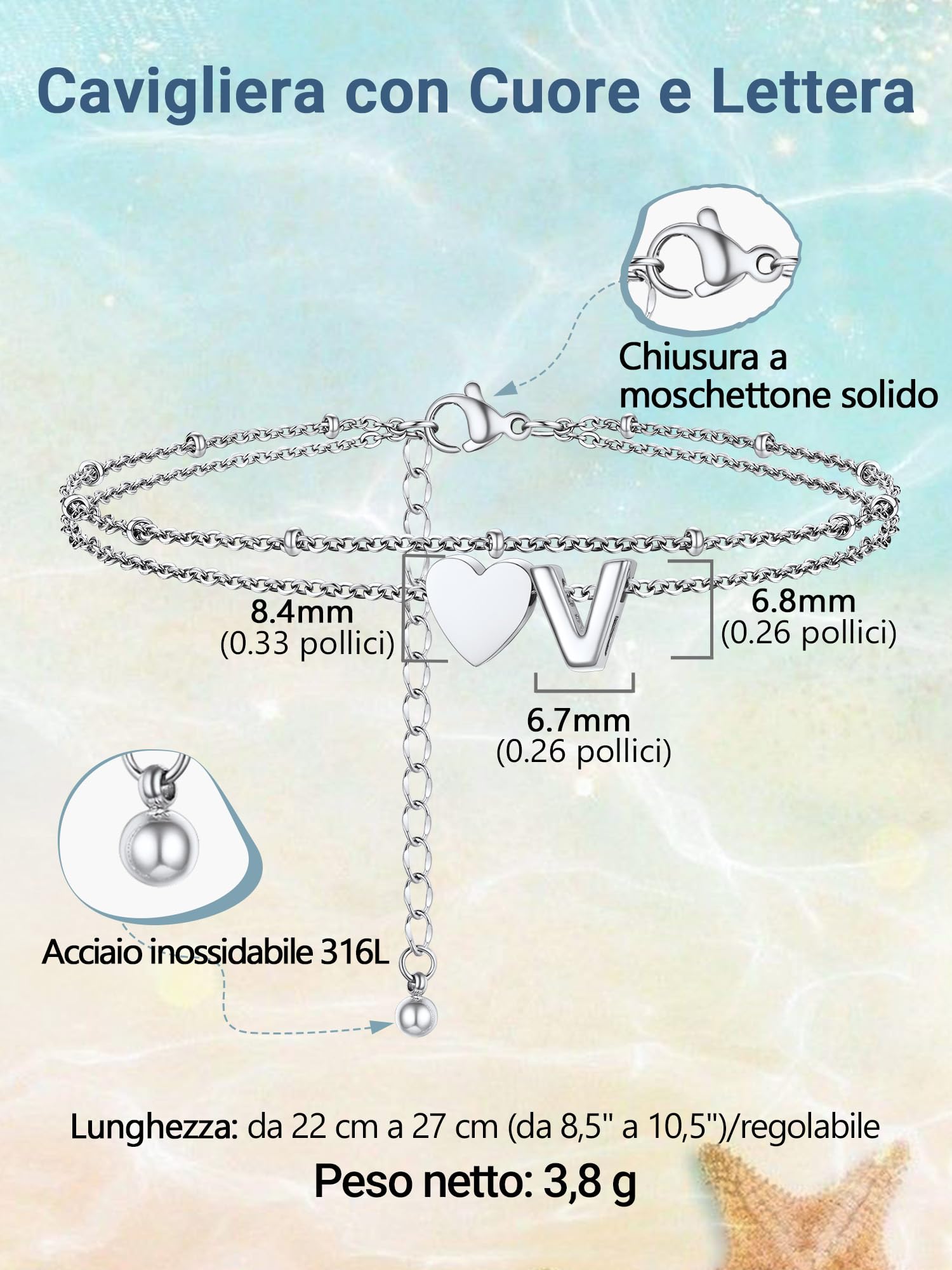 PROSTEEL A-Z Cavigliera a Doppio Strato Cavigliere Argento Cuore Iniziale Alfabeto Braccialetto Donna Resistente al Sudore e alla Corrosione 22+5 CM Cavigliere Ragazza