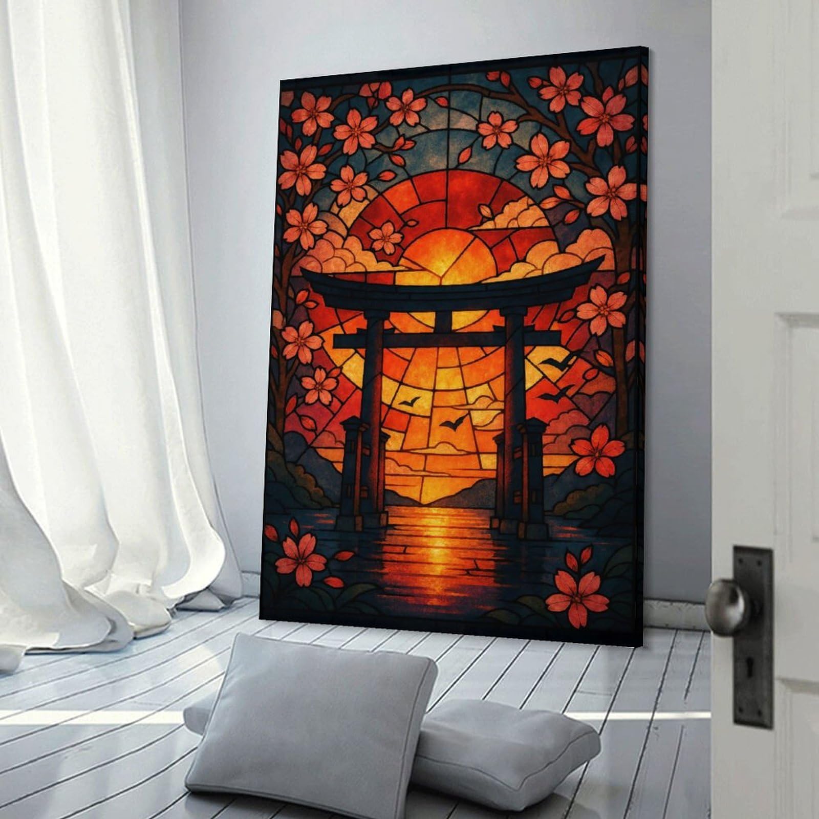 Junmoney Frame-Style-13 Stained Glass Torii Gate Sunset Decorative Canvas Print, 24X36inch(60X90cm), For Home, Office, Studio Or Guest Room, Versatile Wall Decor For Many Rooms