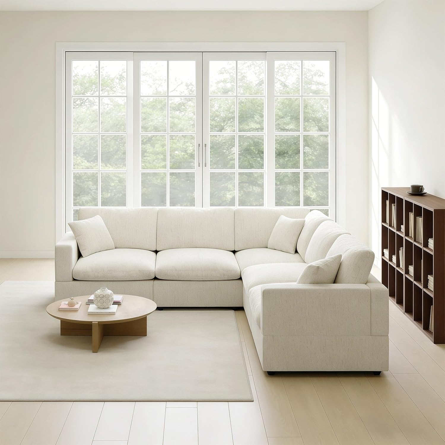 Cloud Sectional Couches for Living Room,5 Seater Filled-Down Comfy Sofa,Detachable Couch Cushion Covers,V Shaped Minimalist Deep Sofa Modular Sectional Sofa,Cream White-Linen