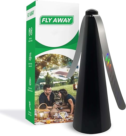 Fly Away - Outdoor Fly Repellent Fan, Outside or Inside Table use, Restaurant, Barbeque, Events, Deter Flies, Wasps, Bees, Other Moscas and Bugs Away, Battery Operated, Tabletop, Hanging Hook.