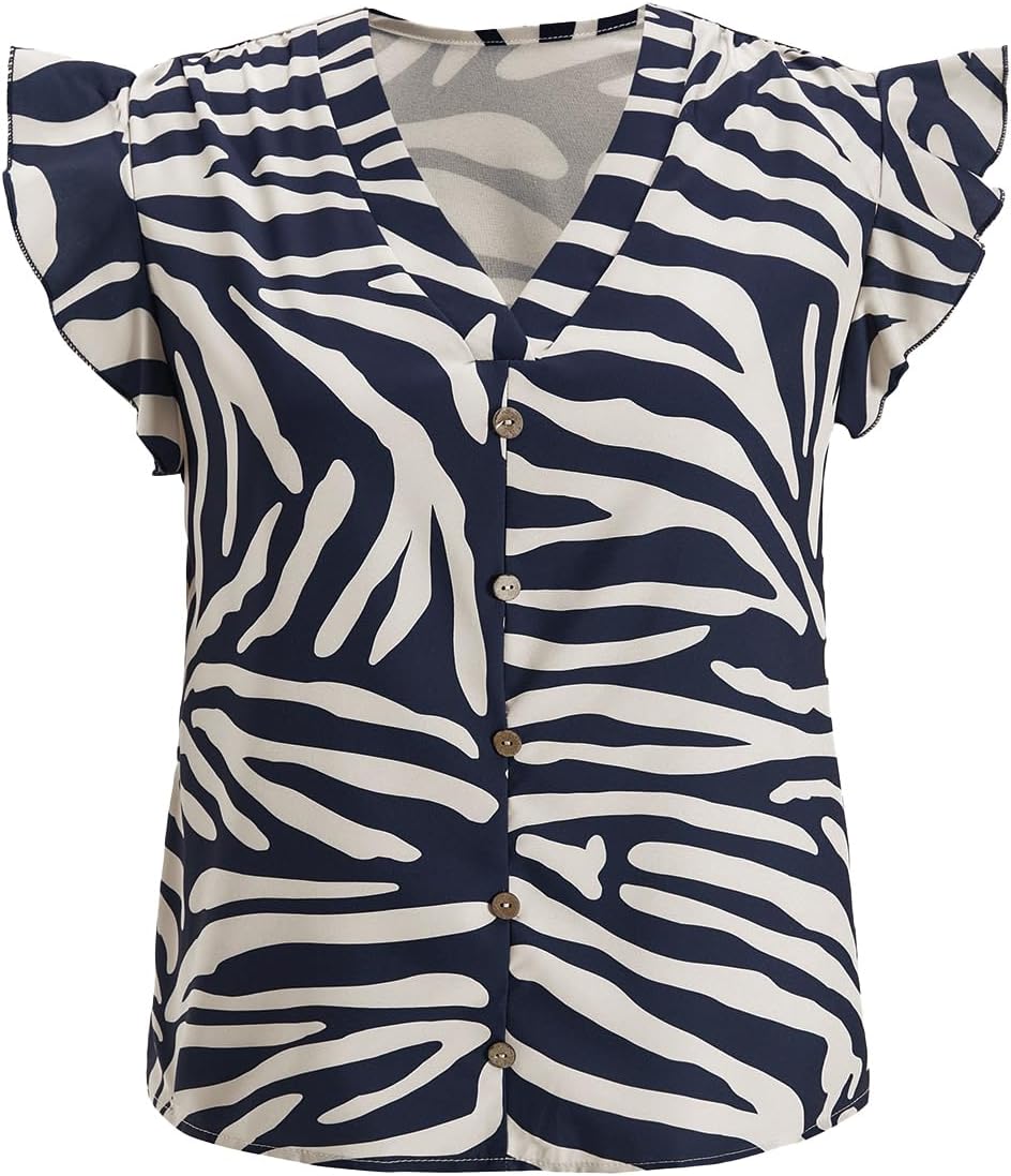 Women's Ruffle Sleeve Zebra Striped Shirt Summer Button Front V Neck Dressy Casual Blouses