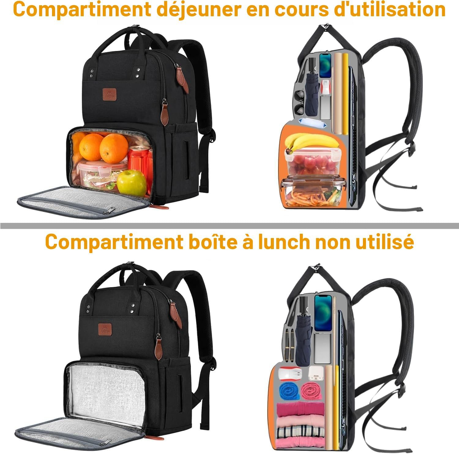 MATEIN Sac à Dos Déjeuner Isotherme, Sac à Dos Ordinateur 15,6 Pouces pour Homme Femme, avec Imperméable Sac Isotherme Repas Voyage pour Collège Affaire Scolaire, Noir