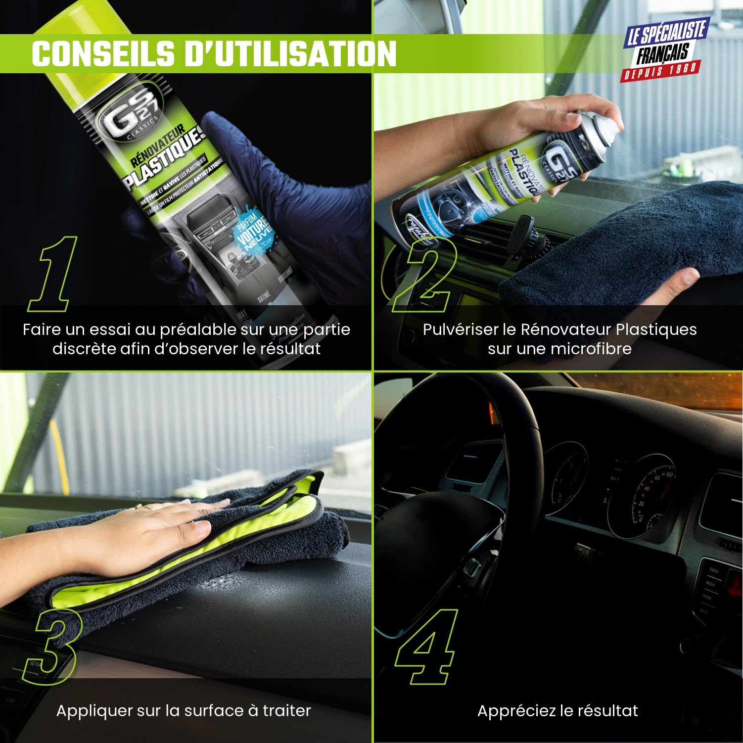GS27 - Rénovateur Plastiques Voiture - Finition Mate - Parfum Voiture Neuve - Spray 400 ML